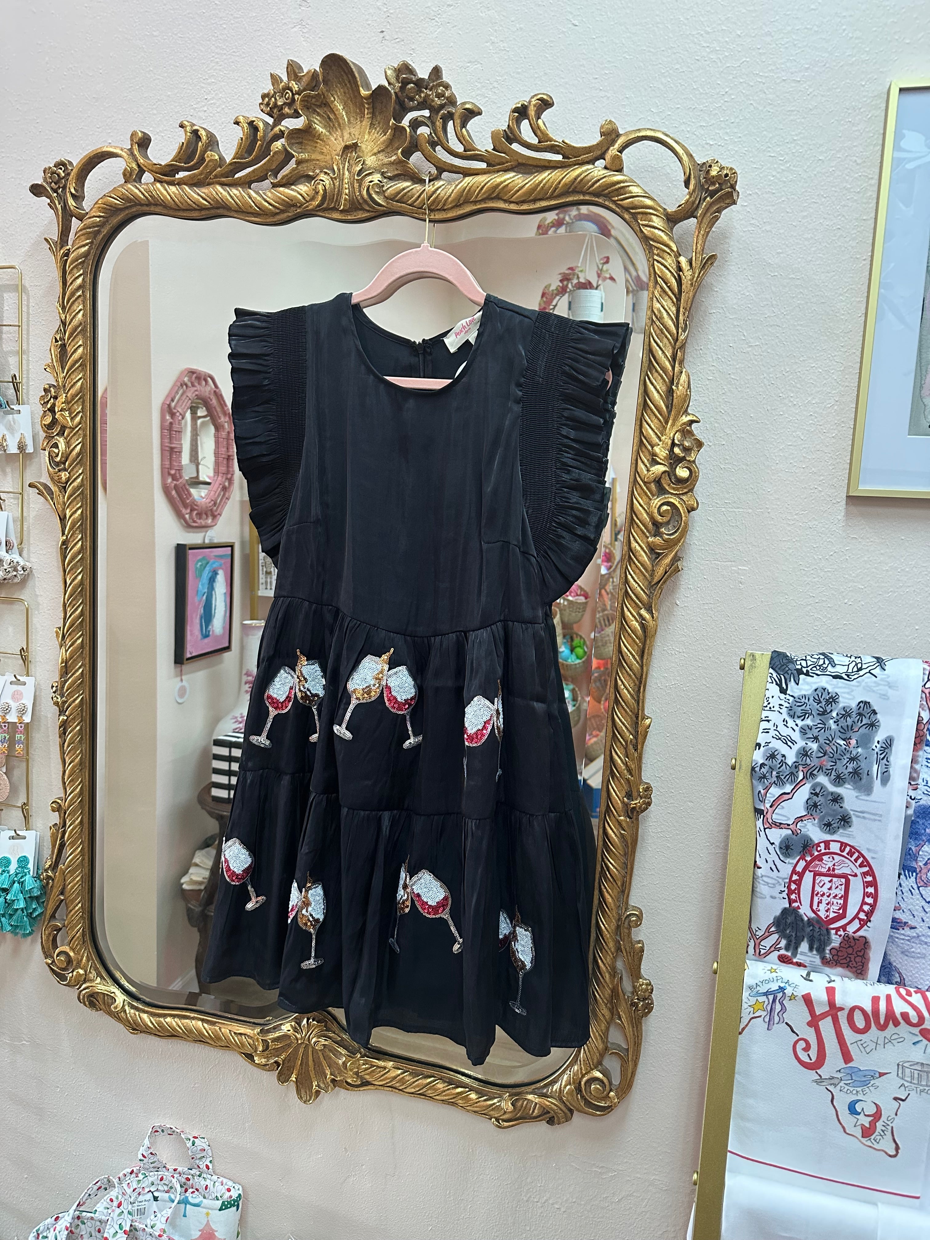 Wine Cheers Black Satin Dress