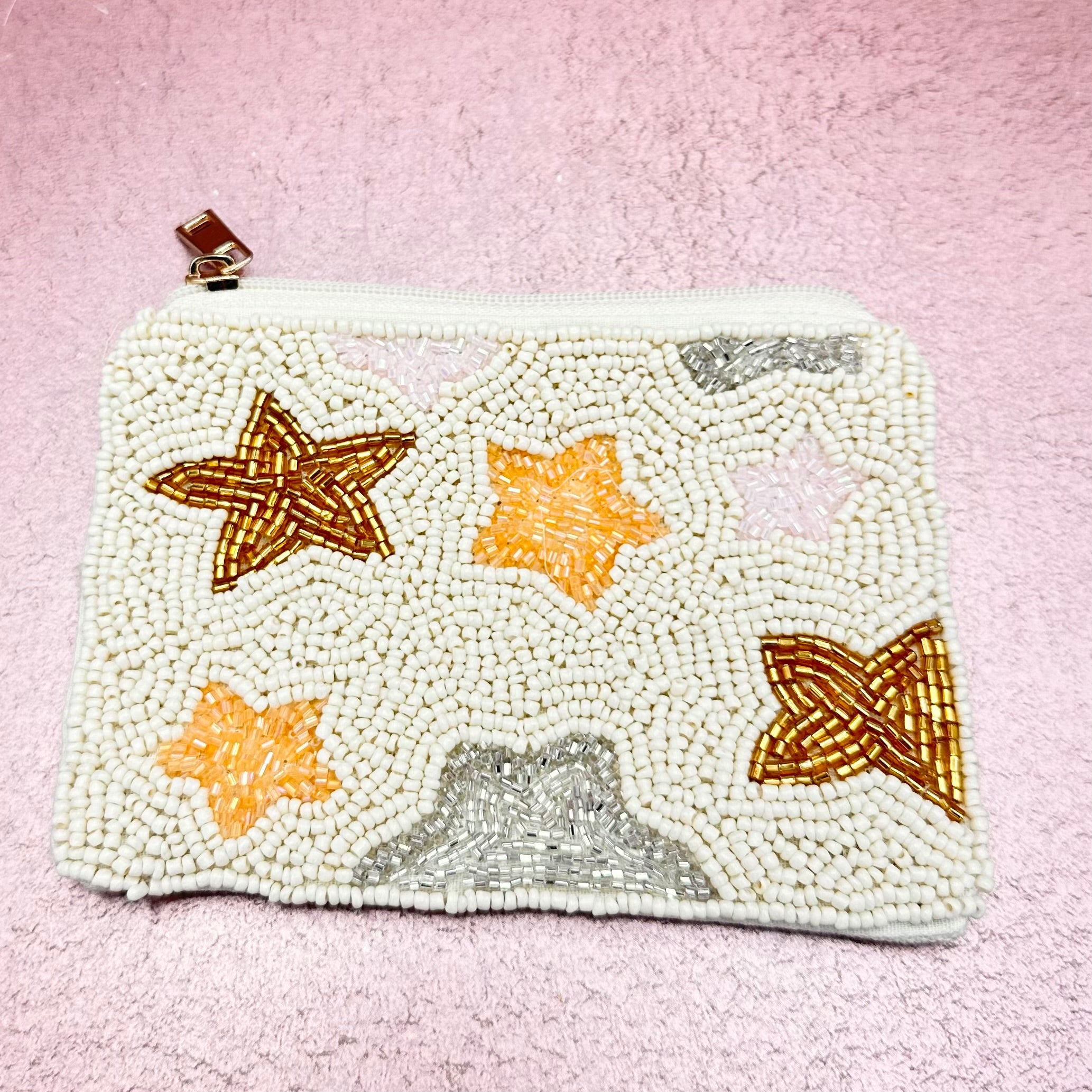 Cream w/ Golden Stars Beaded Coin Purse