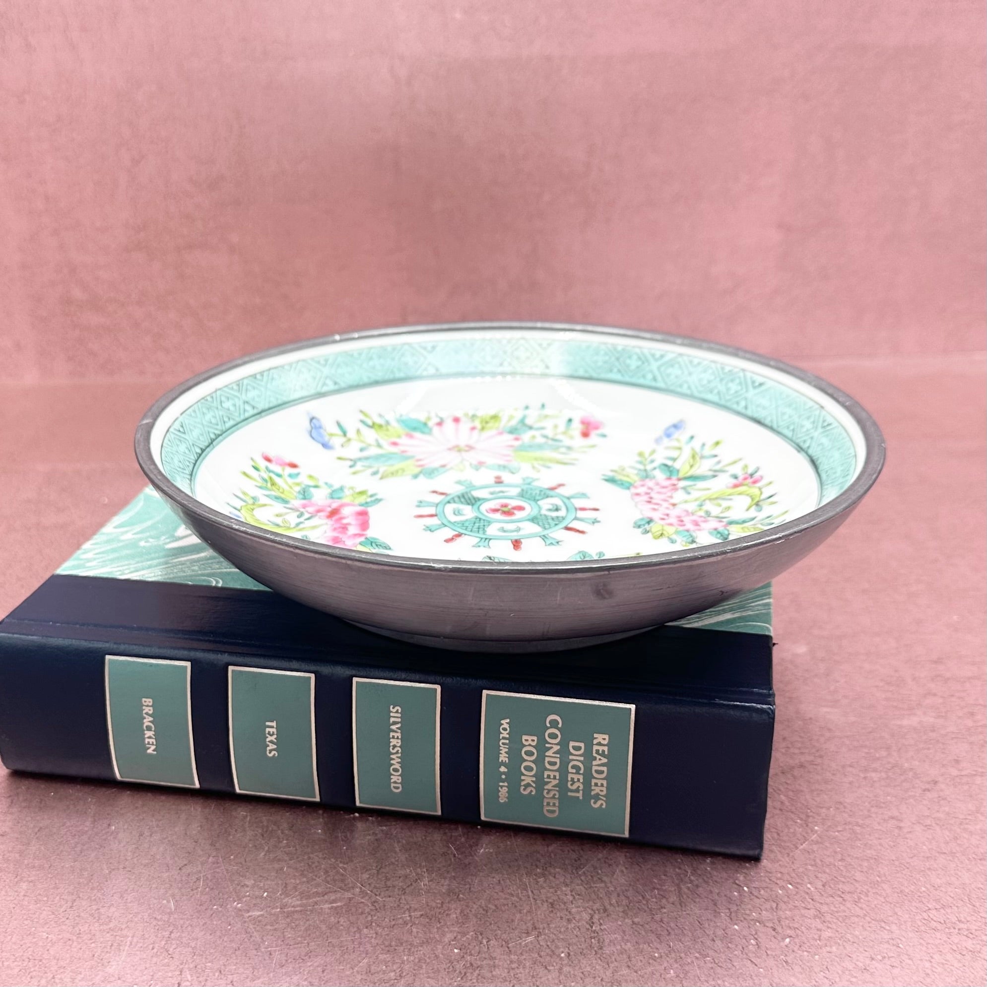 Aqua & Pink Floral Porcelain Encased Bowl