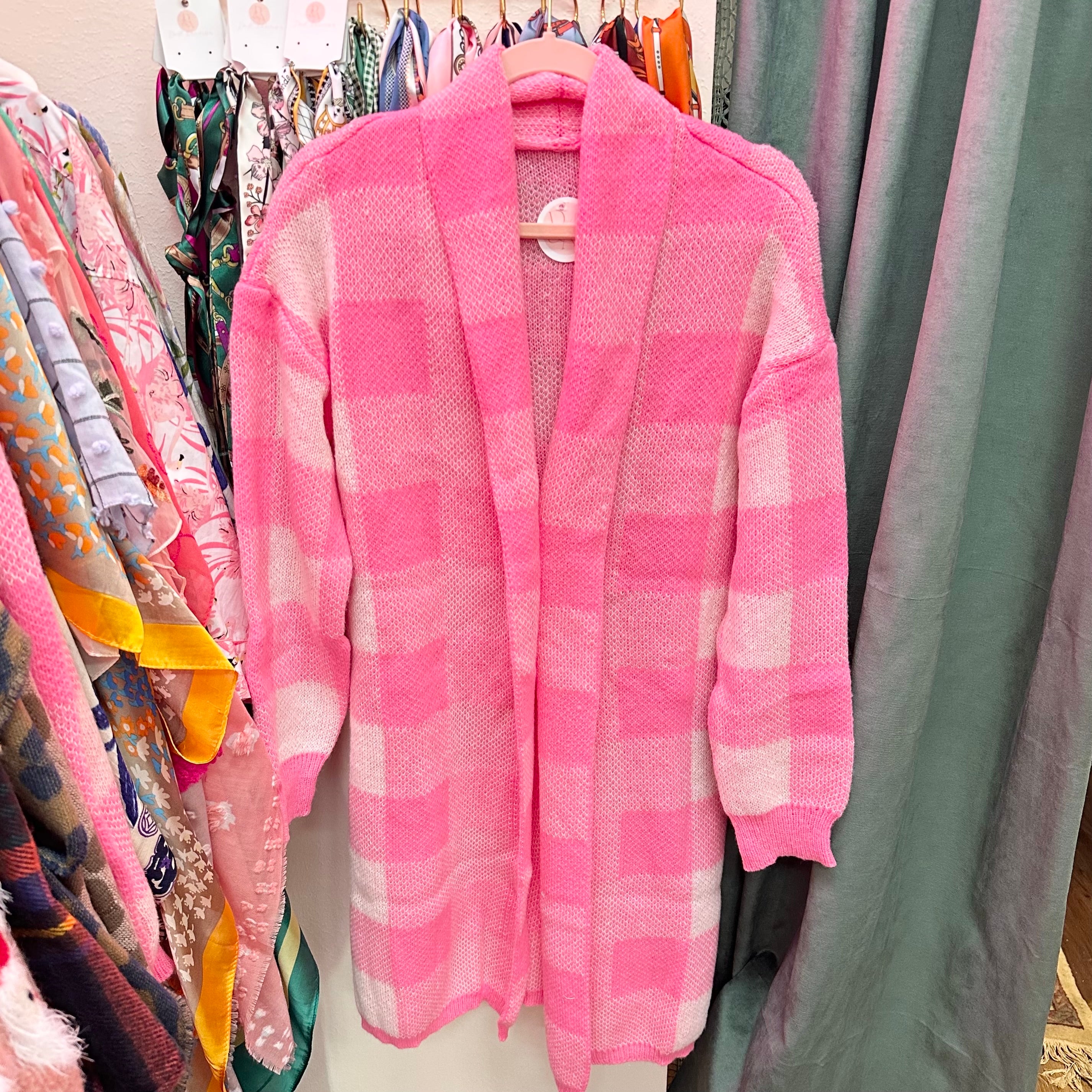 Pink Buffalo Plaid Print Open Front Sweater
