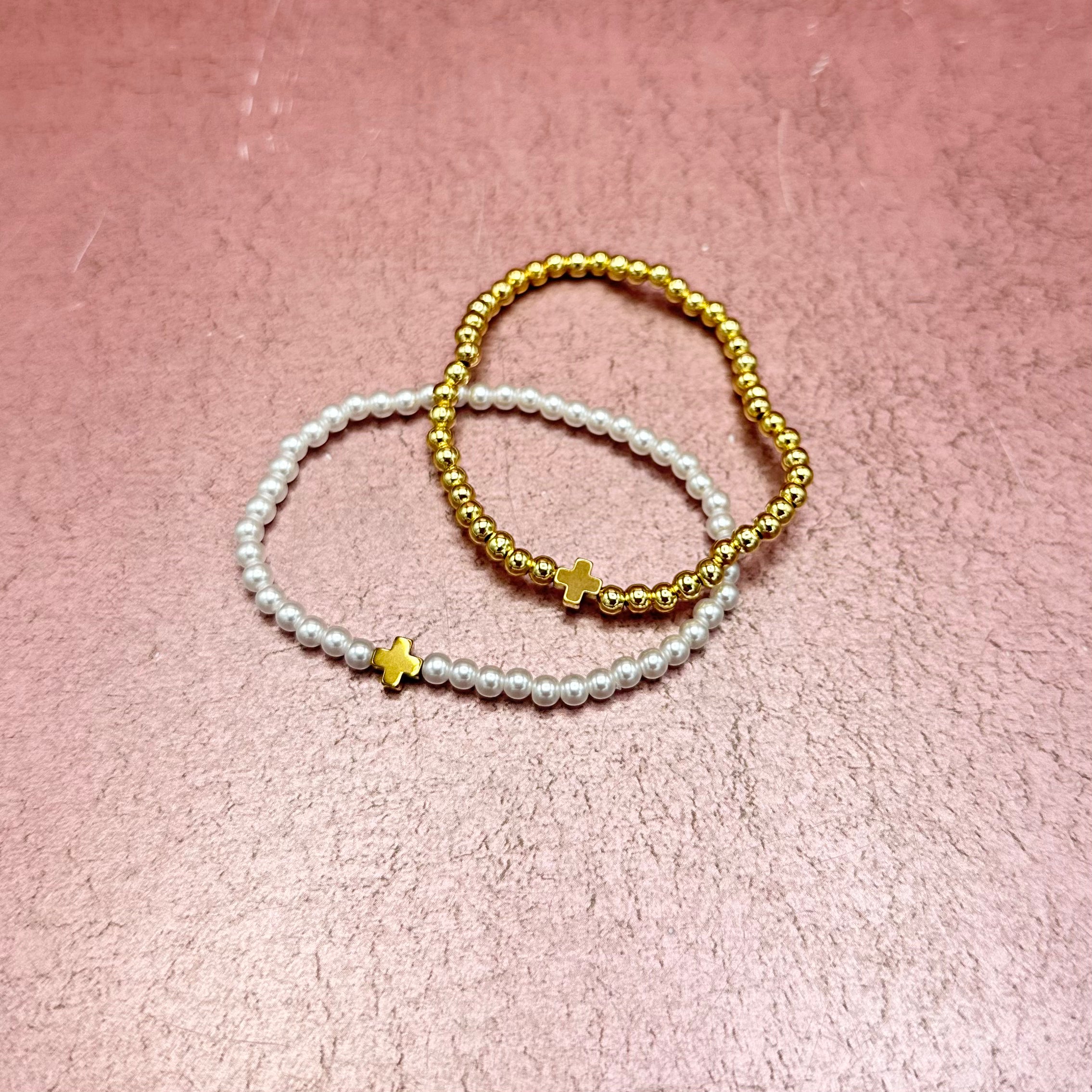 Gold & White Cross Bracelet Stack