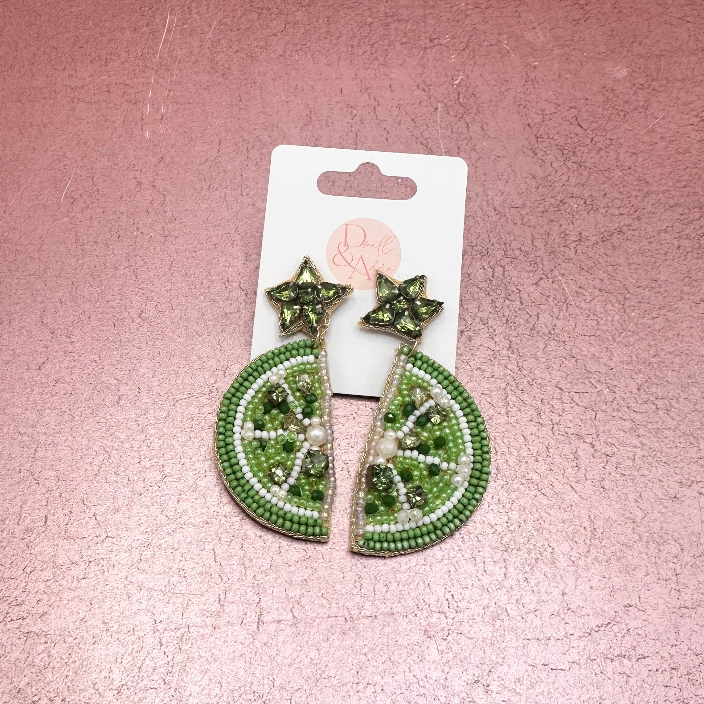 Jeweled & Beaded Lime Dangle Earrings