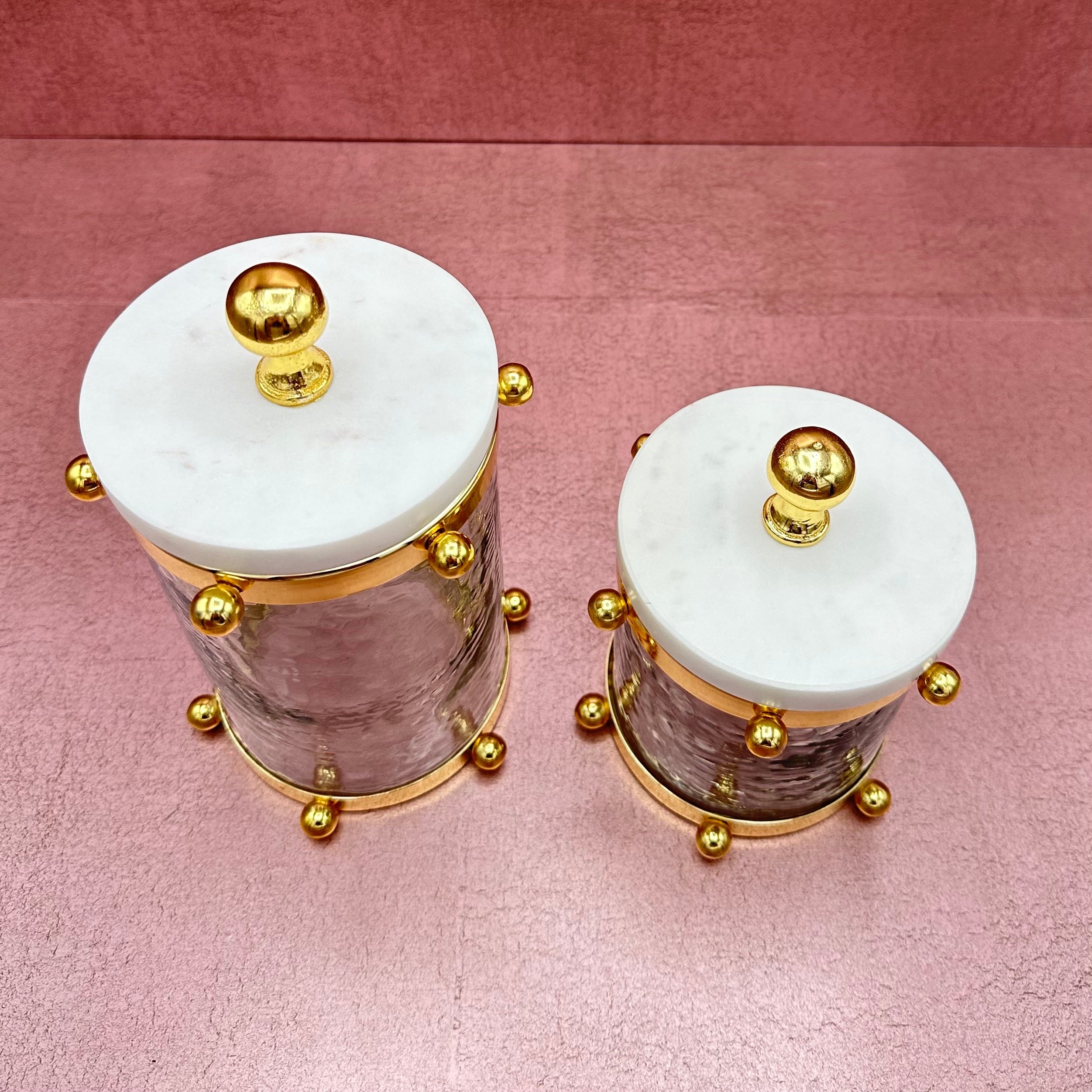 Hammered Glass Canister w Gold Ball Design Marble Cover