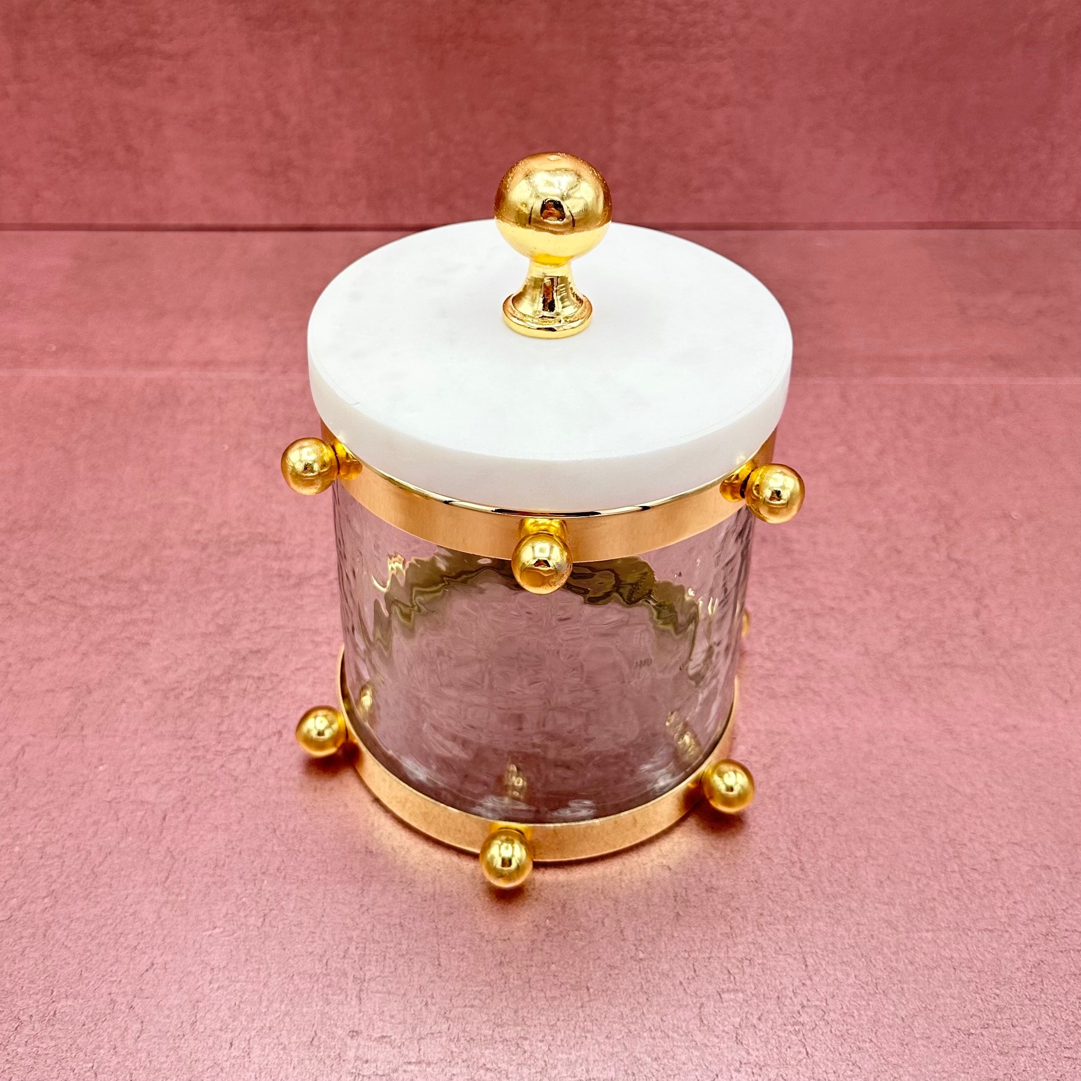 Hammered Glass Canister w Gold Ball Design Marble Cover