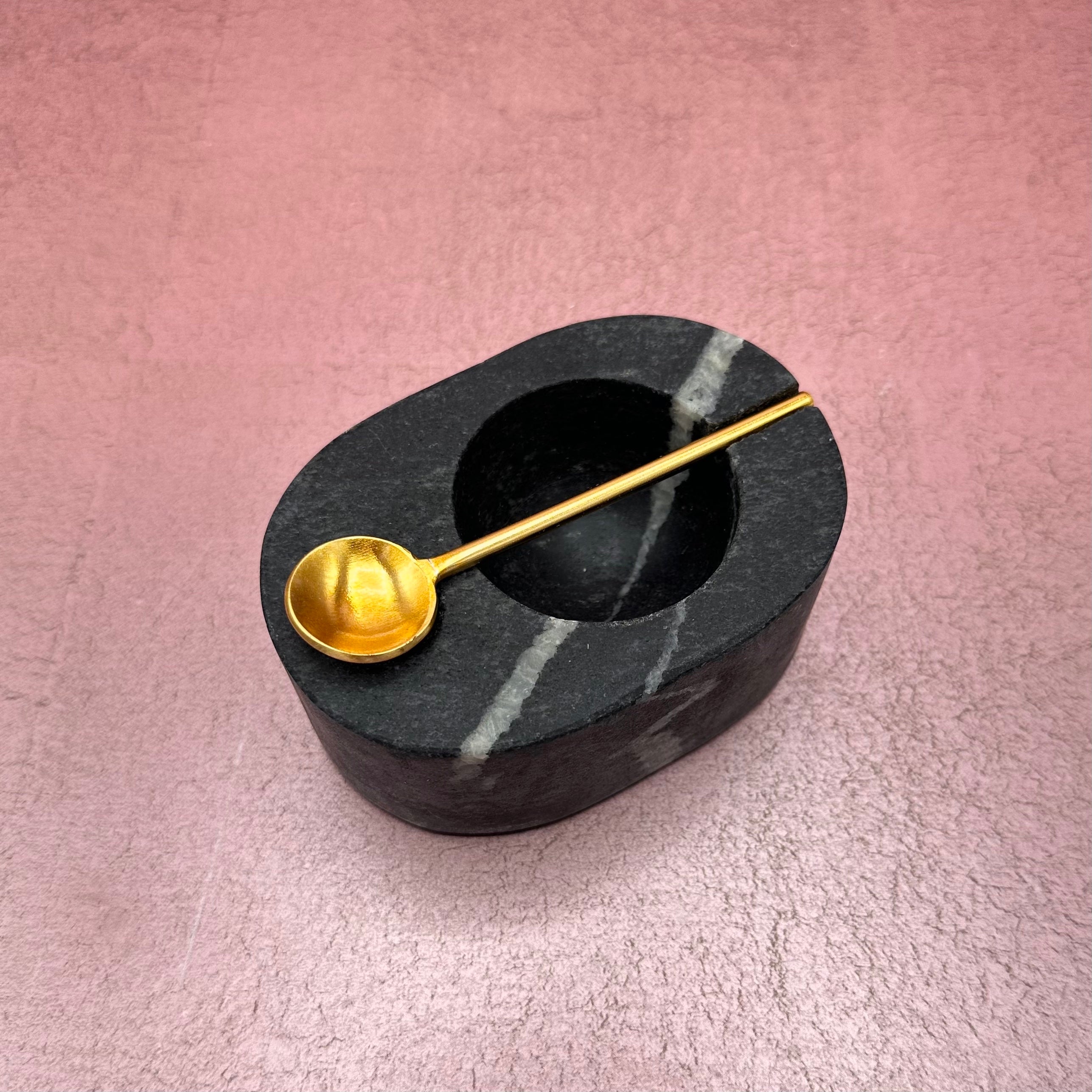 Tuscan Gray Marble Salt & Pepper Bowl with Gold Spoon