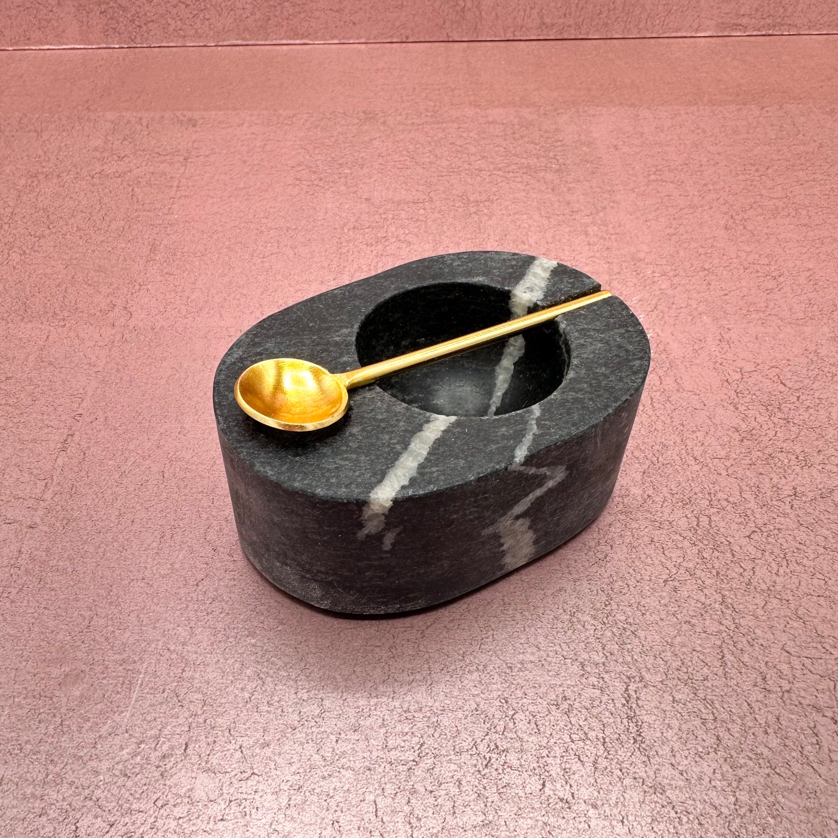 Tuscan Gray Marble Salt & Pepper Bowl with Gold Spoon