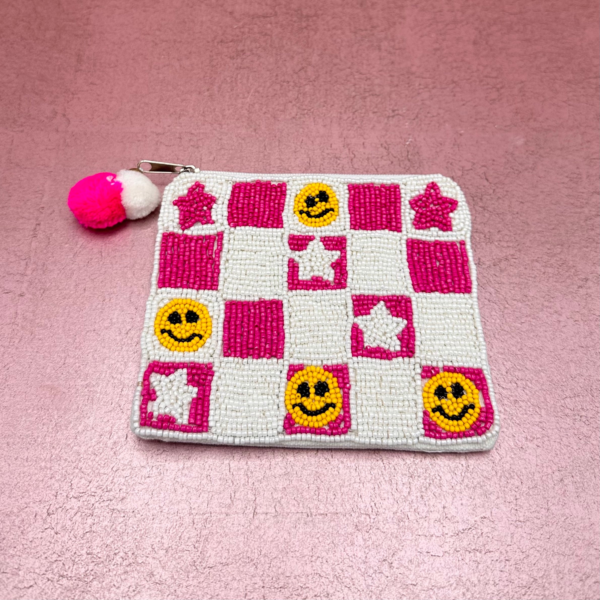 Pink Checkered Smiley Beaded Coin Pouch
