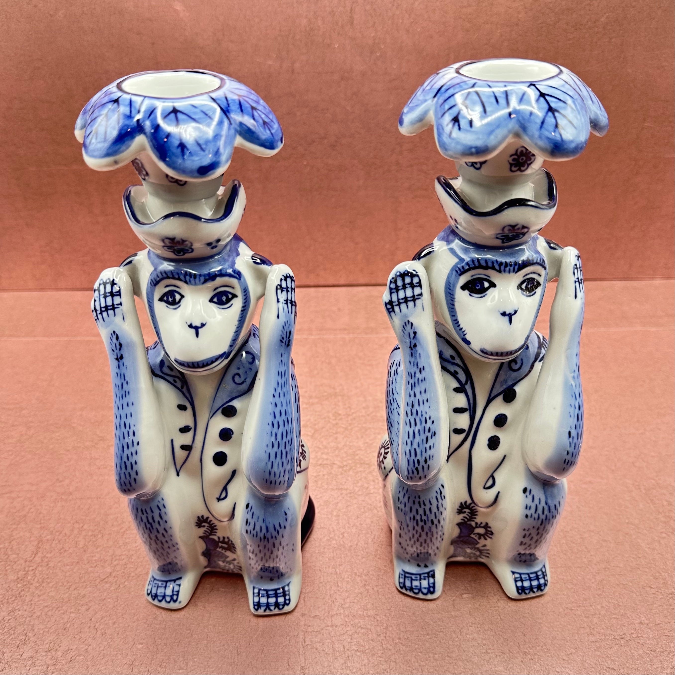 Blue Chinoiserie Monkey Candlesticks