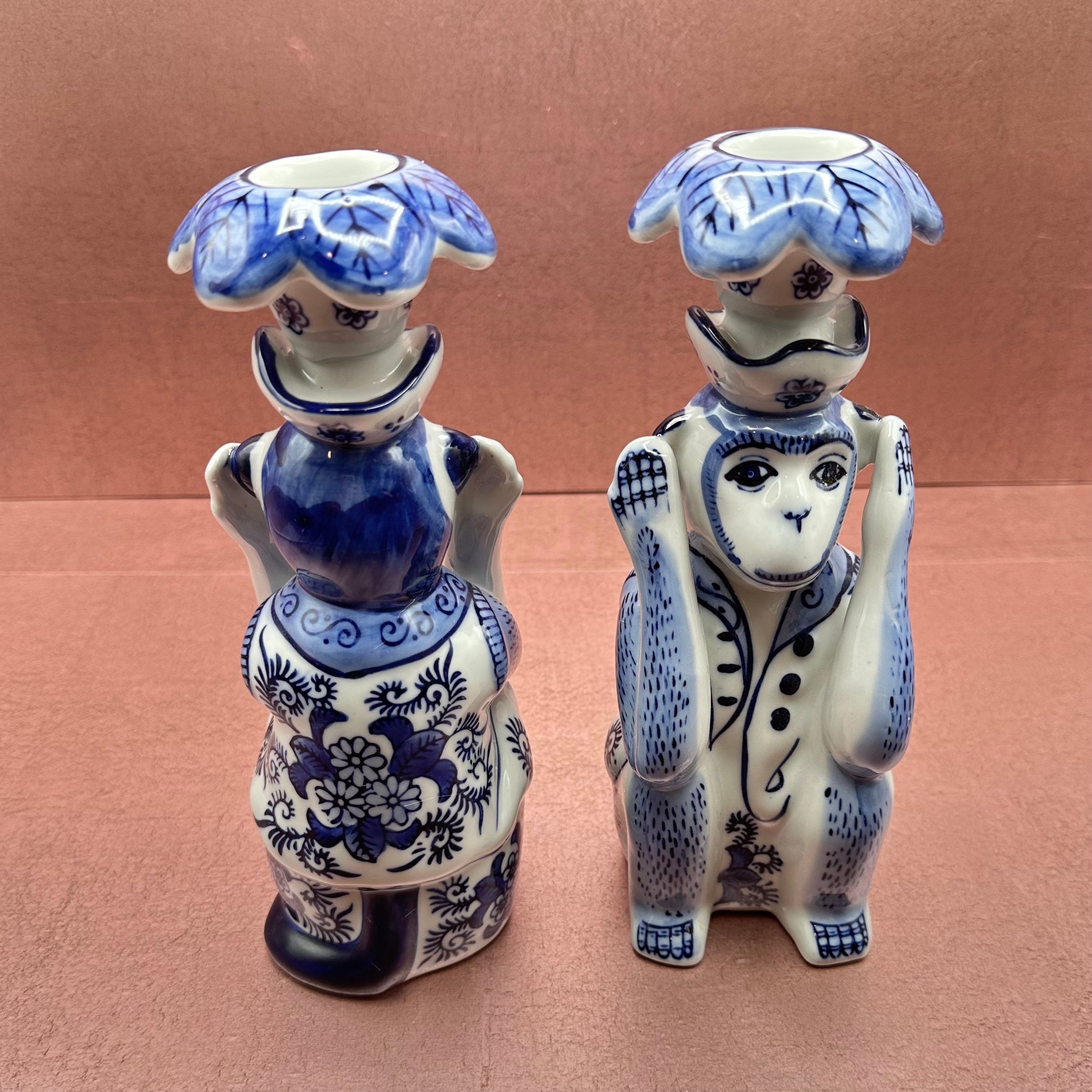 Blue Chinoiserie Monkey Candlesticks