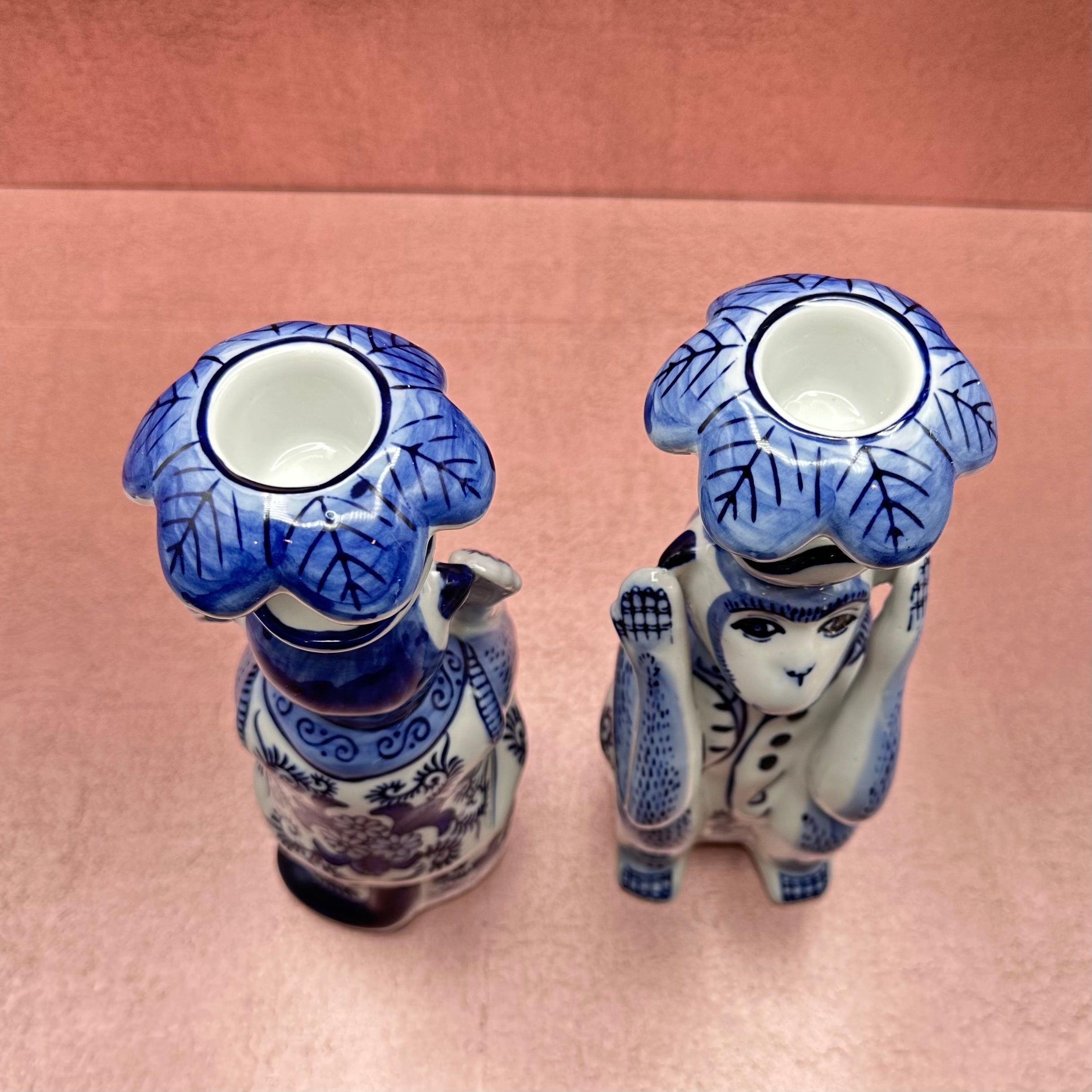 Blue Chinoiserie Monkey Candlesticks