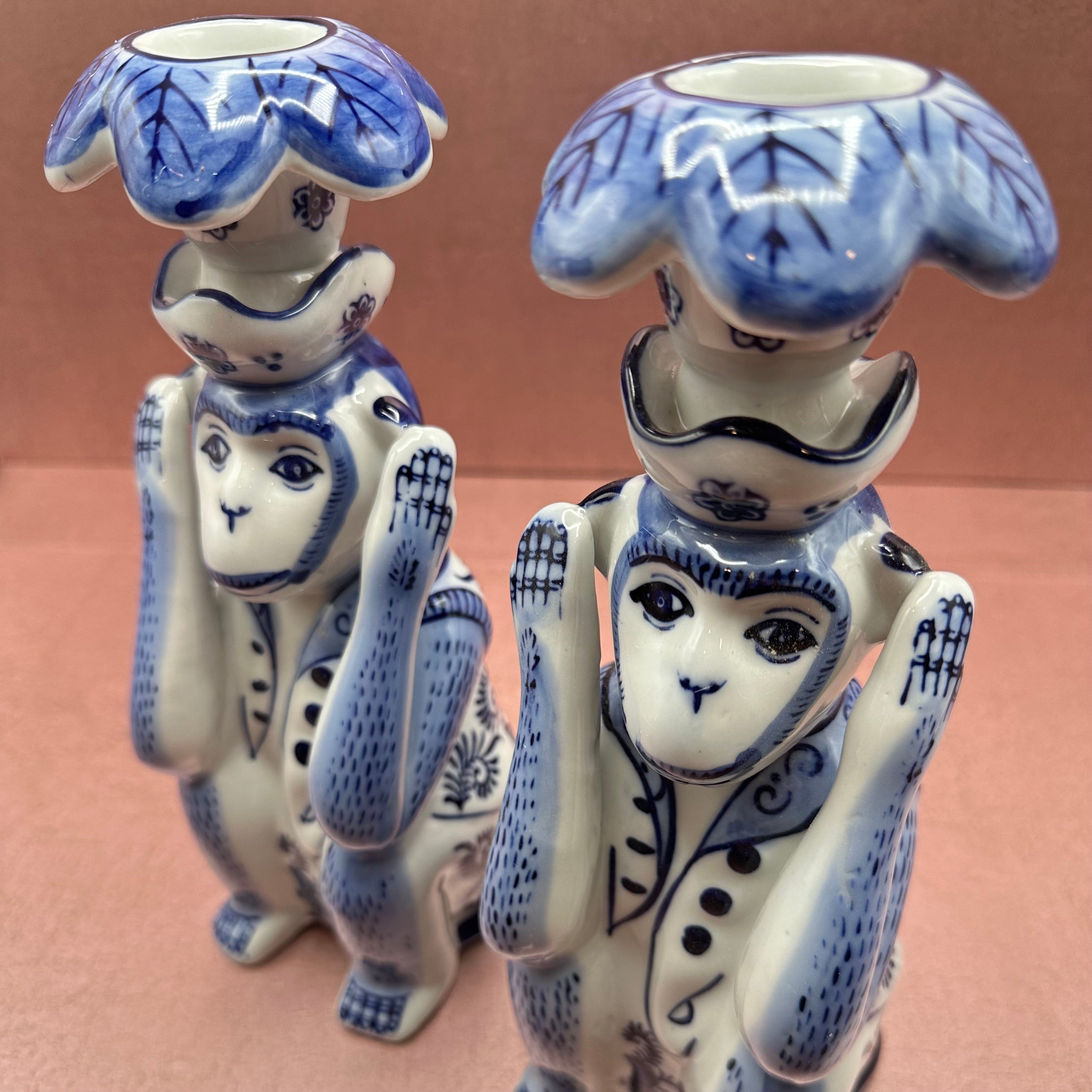 Blue Chinoiserie Monkey Candlesticks