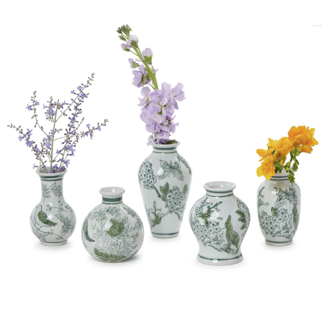 Primrose & Lotus Mini Green & White Chinoiserie Vases