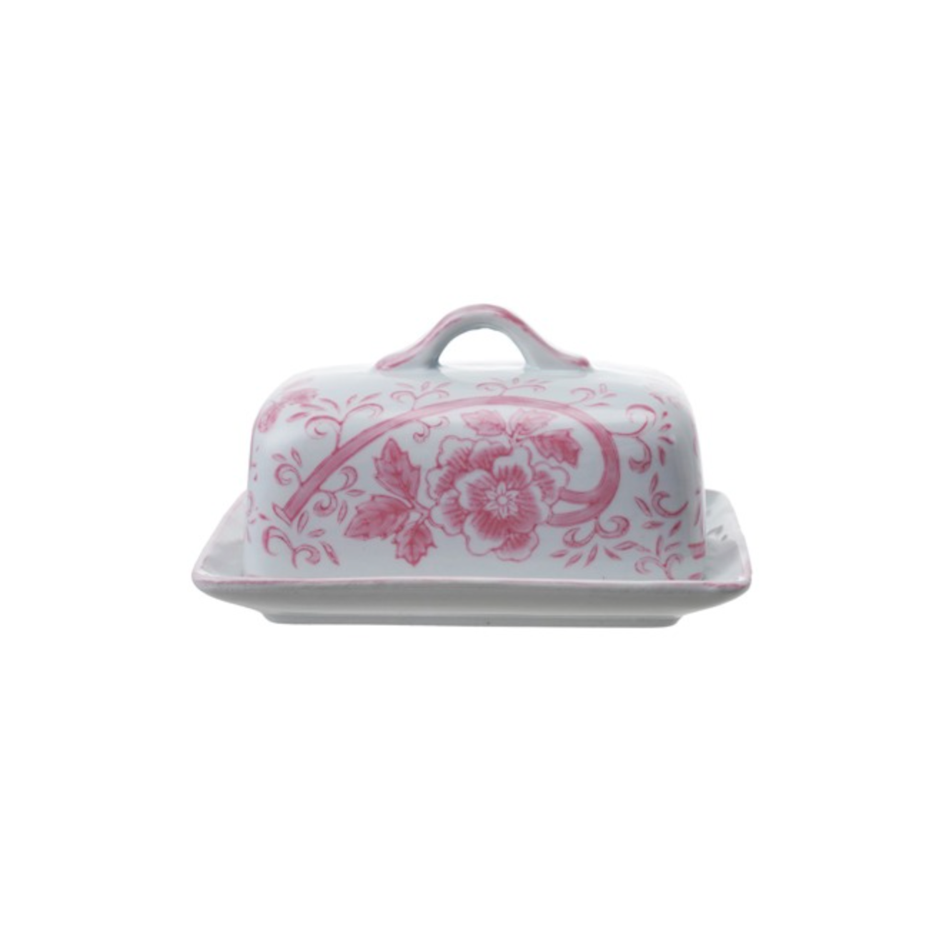 Pink & White Stoneware Butter Dish