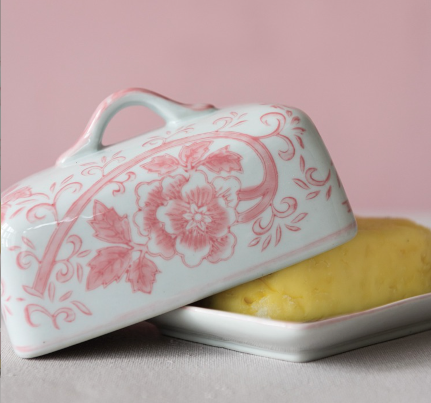 Pink & White Stoneware Butter Dish