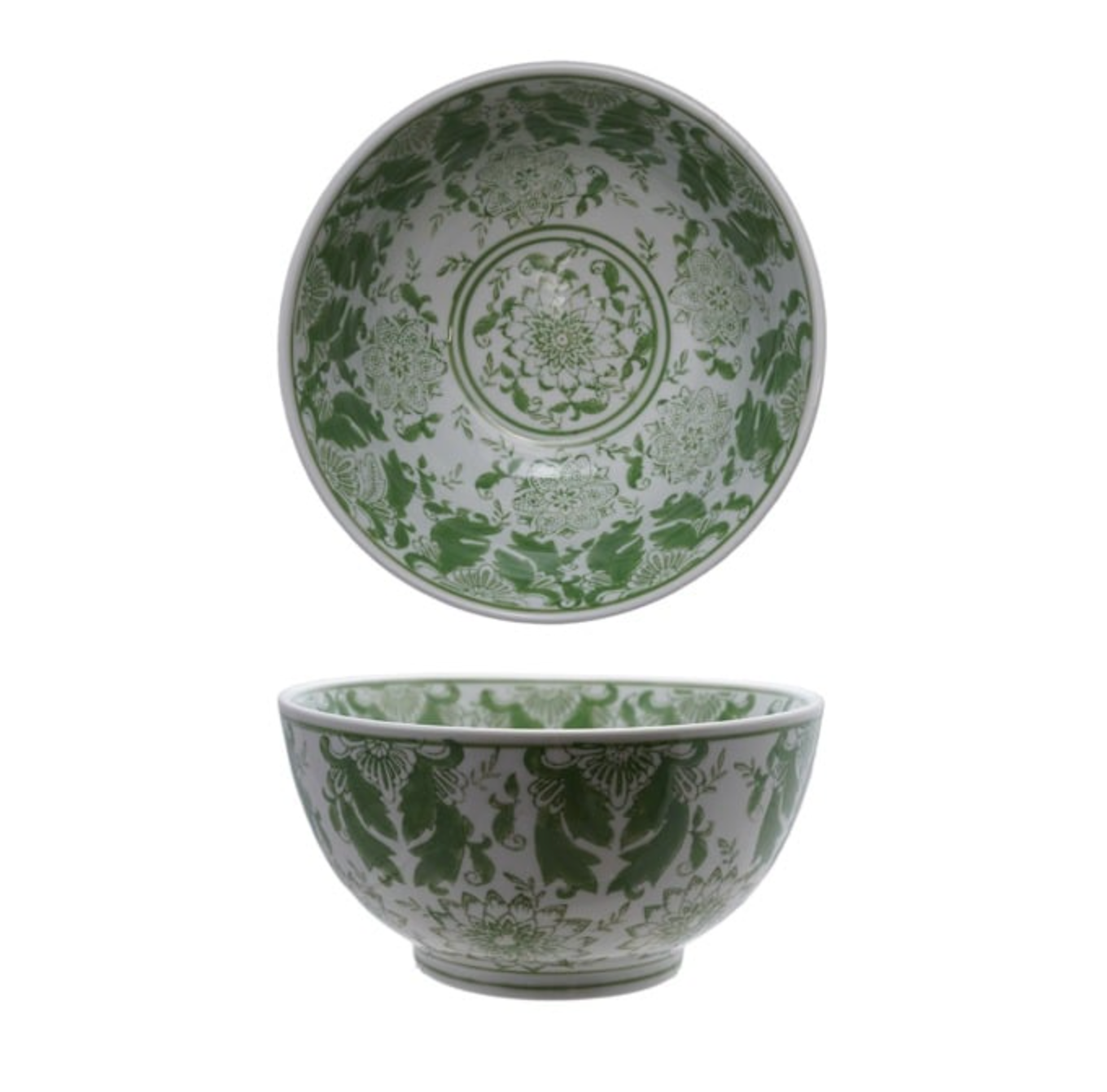 Green & White Floral Stoneware Bowl