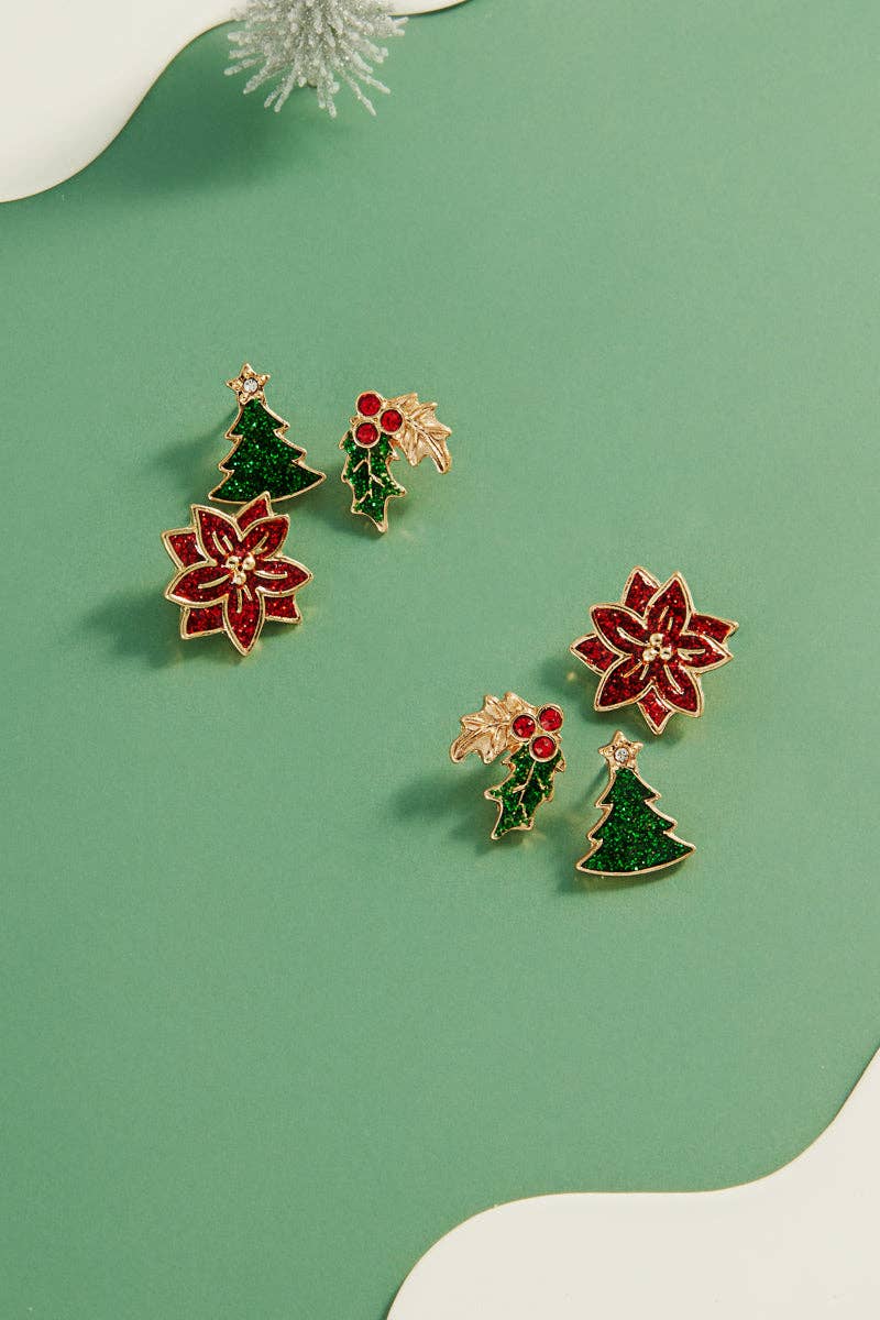 Christmas Enamel 3 Set Stud Earrings