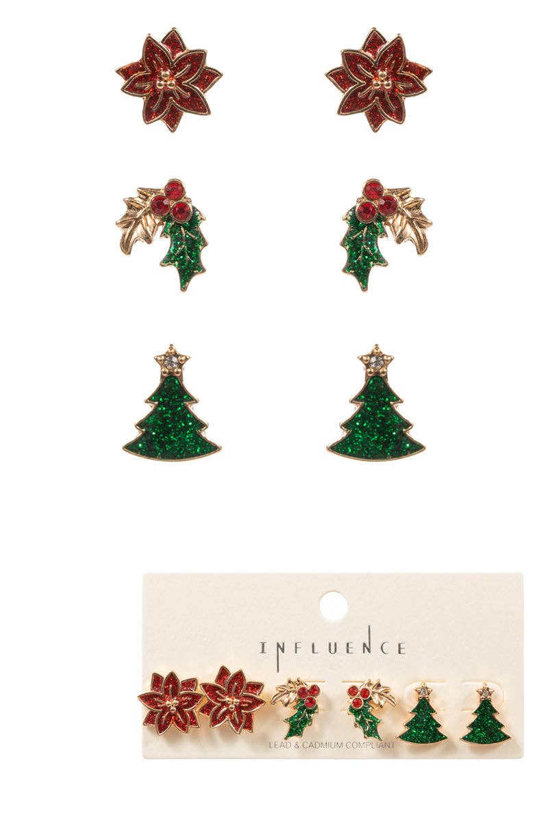 Christmas Enamel 3 Set Stud Earrings