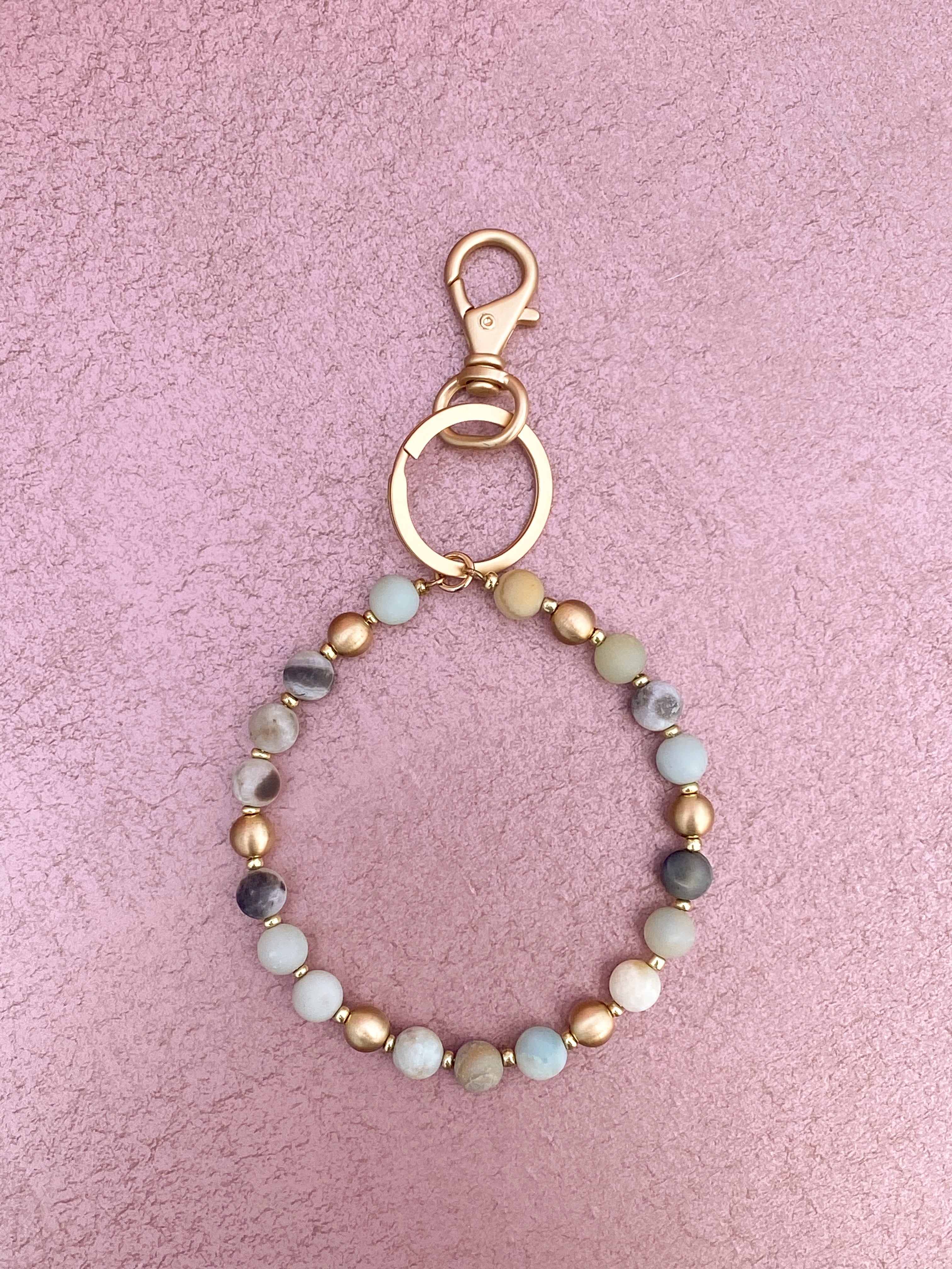 Beaded Keychain Ring with Natural Stone Beads