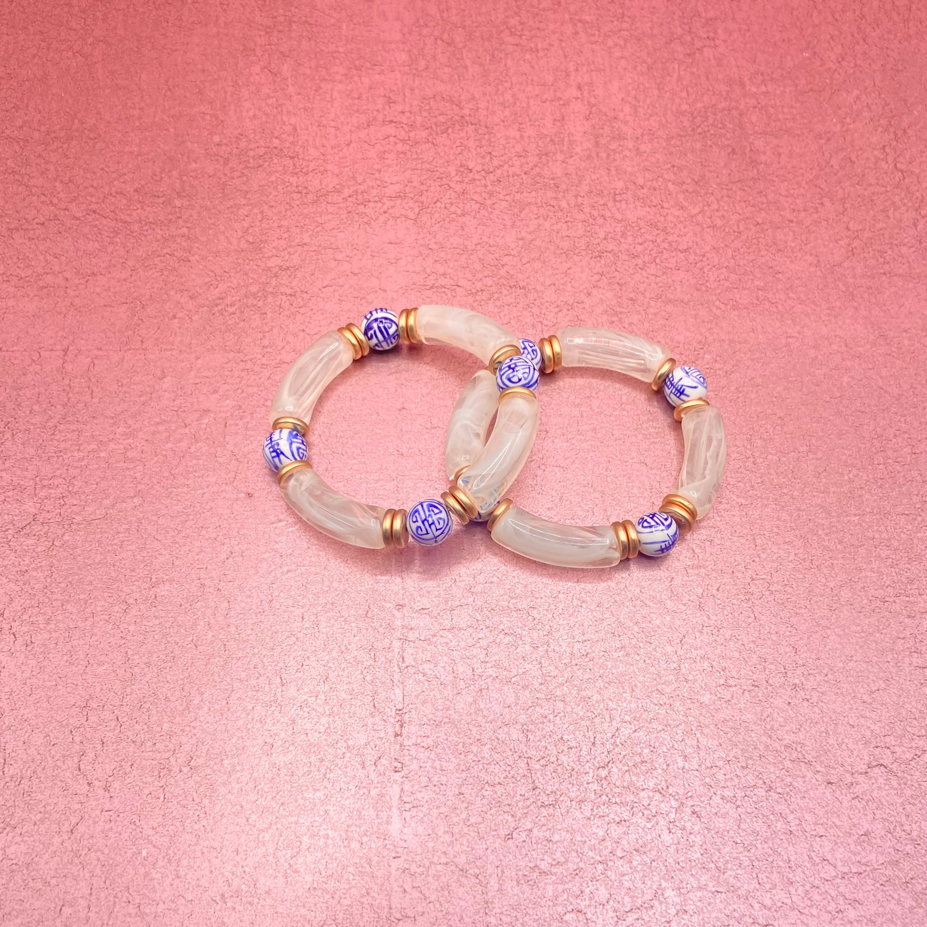 Chinoiserie Acrylic Tube Stretch Bracelet White