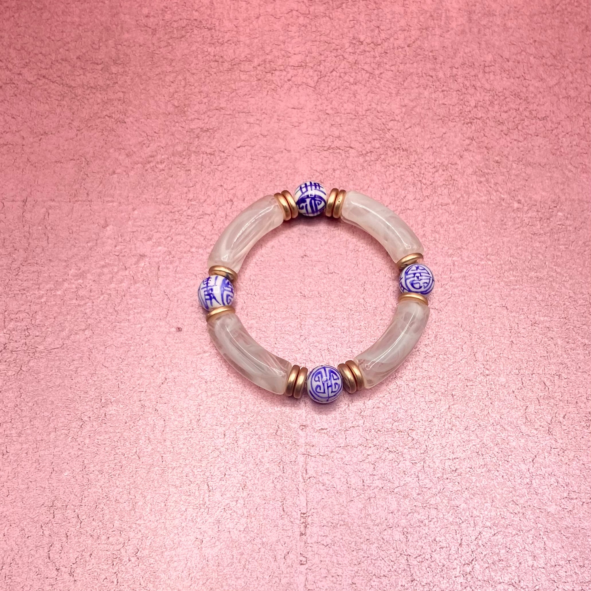 Chinoiserie Acrylic Tube Stretch Bracelet White