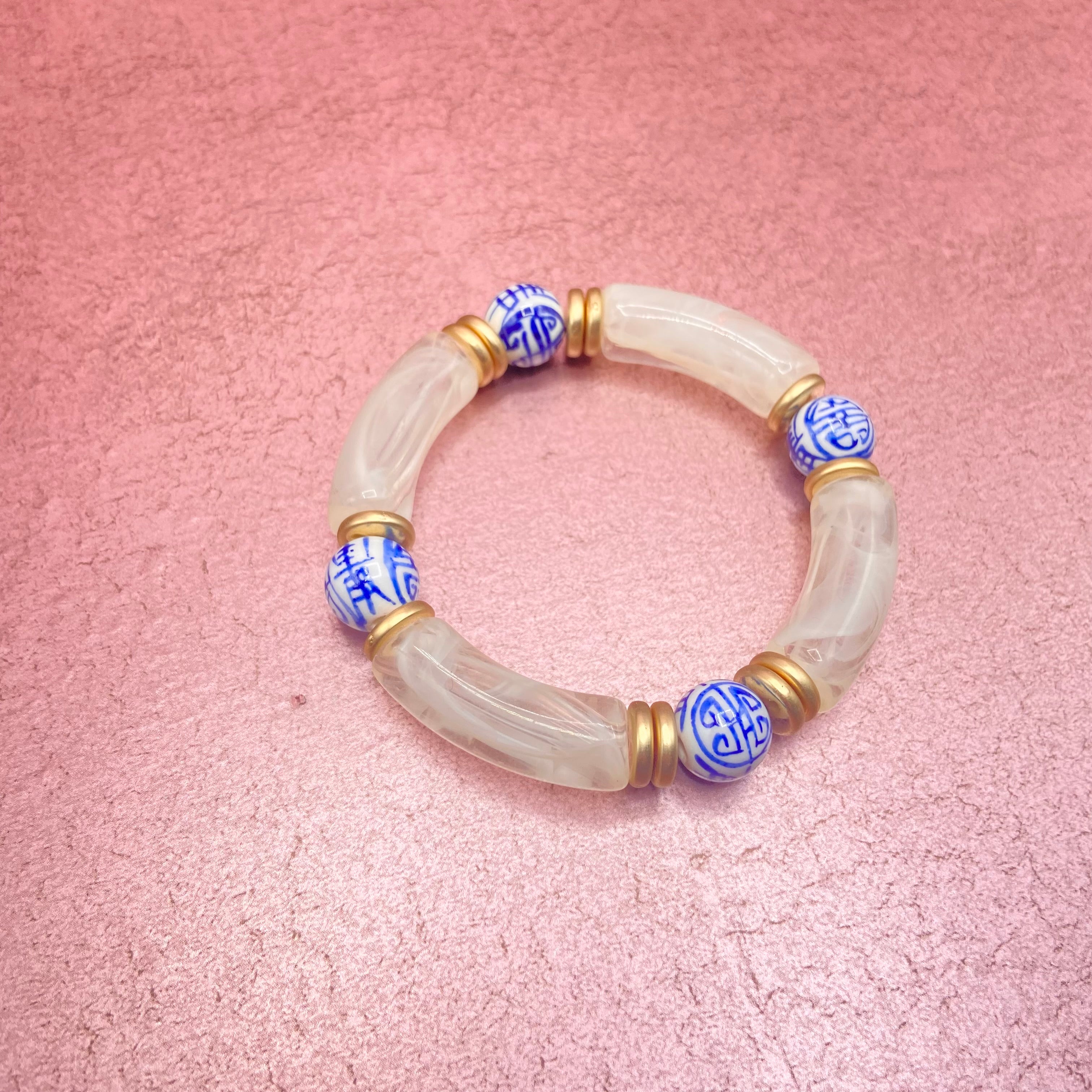 Chinoiserie Acrylic Tube Stretch Bracelet White