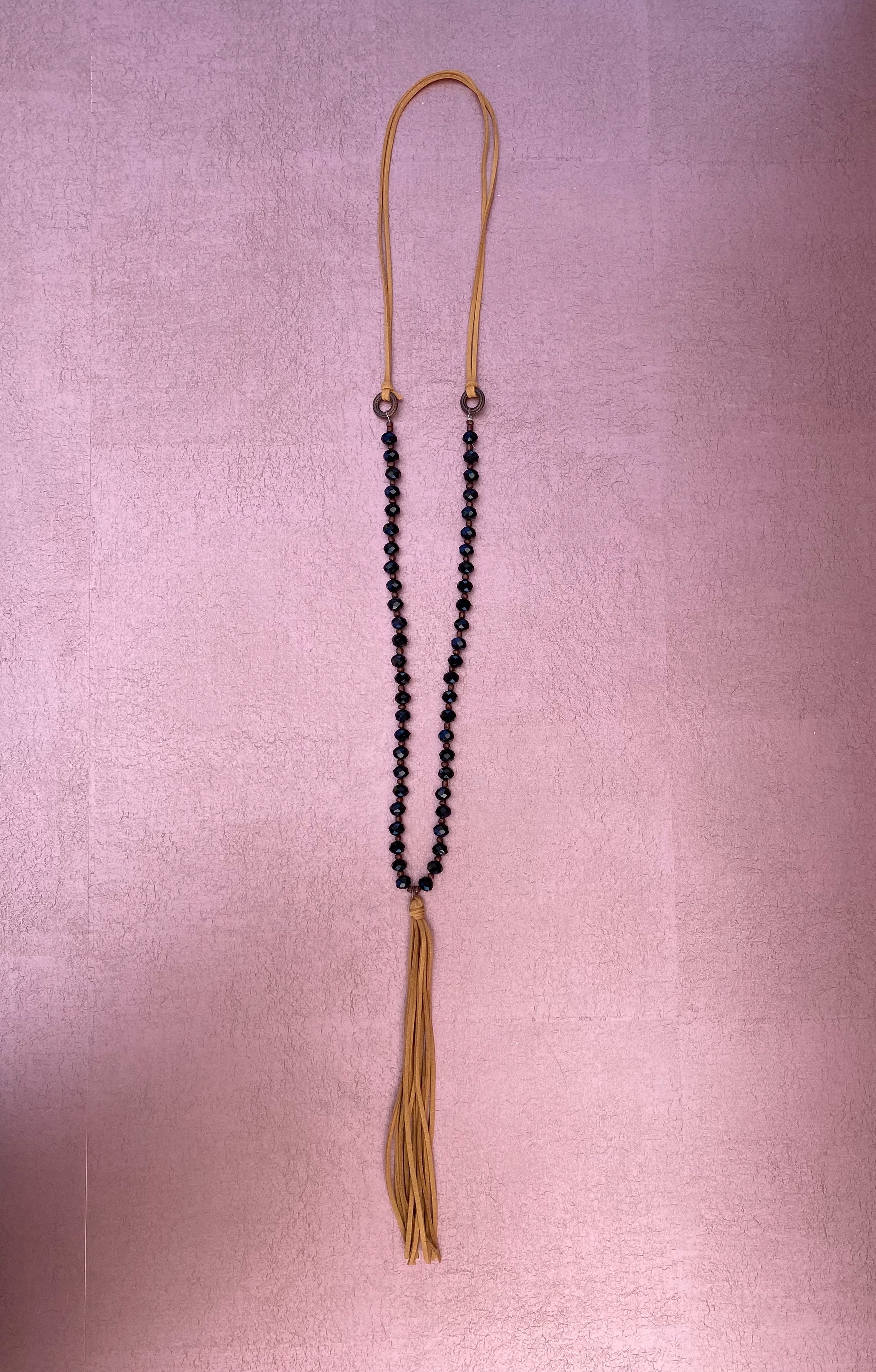 Black Beaded Leather Necklace with Leather Tassel