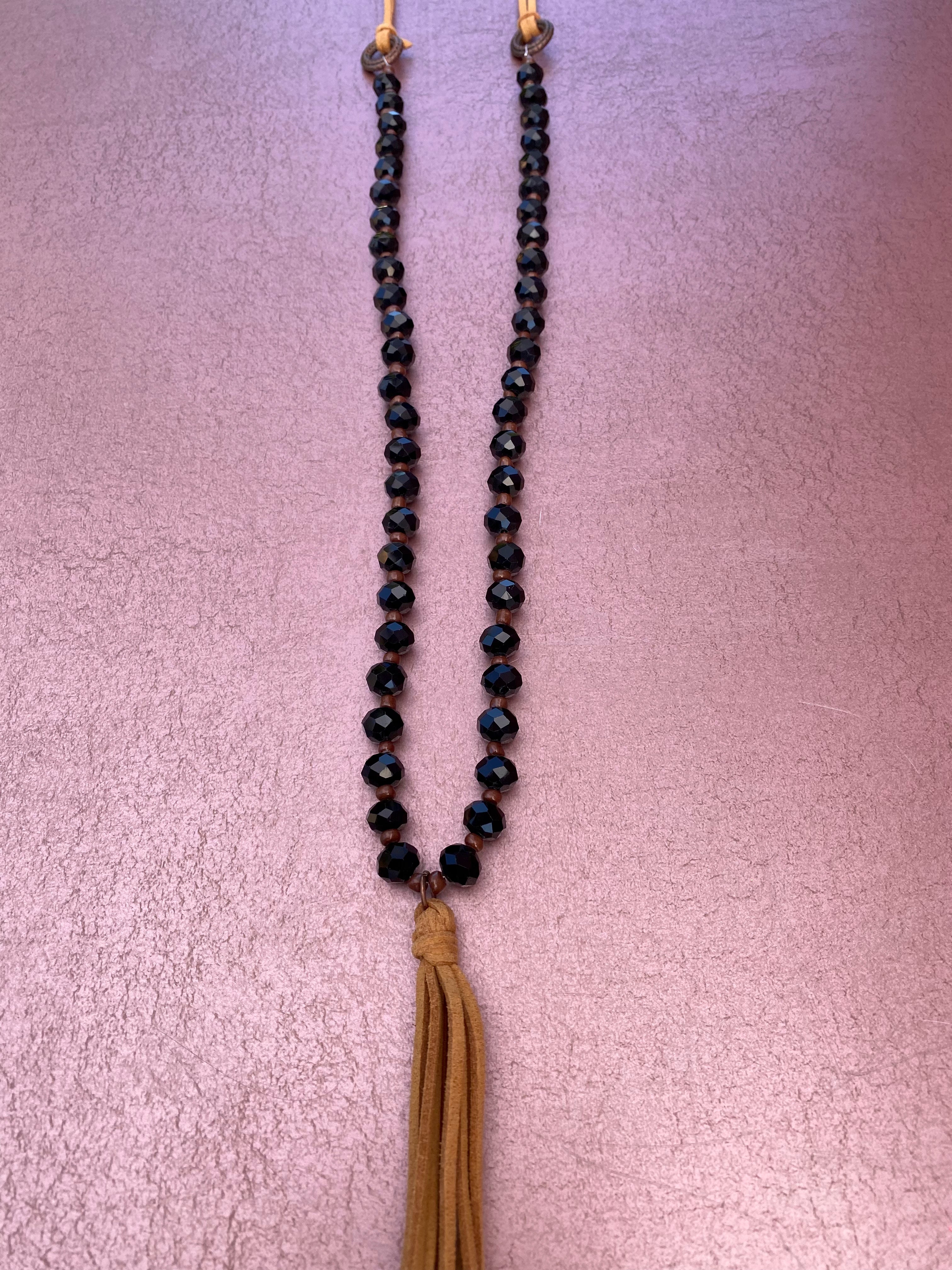 Black Beaded Leather Necklace with Leather Tassel