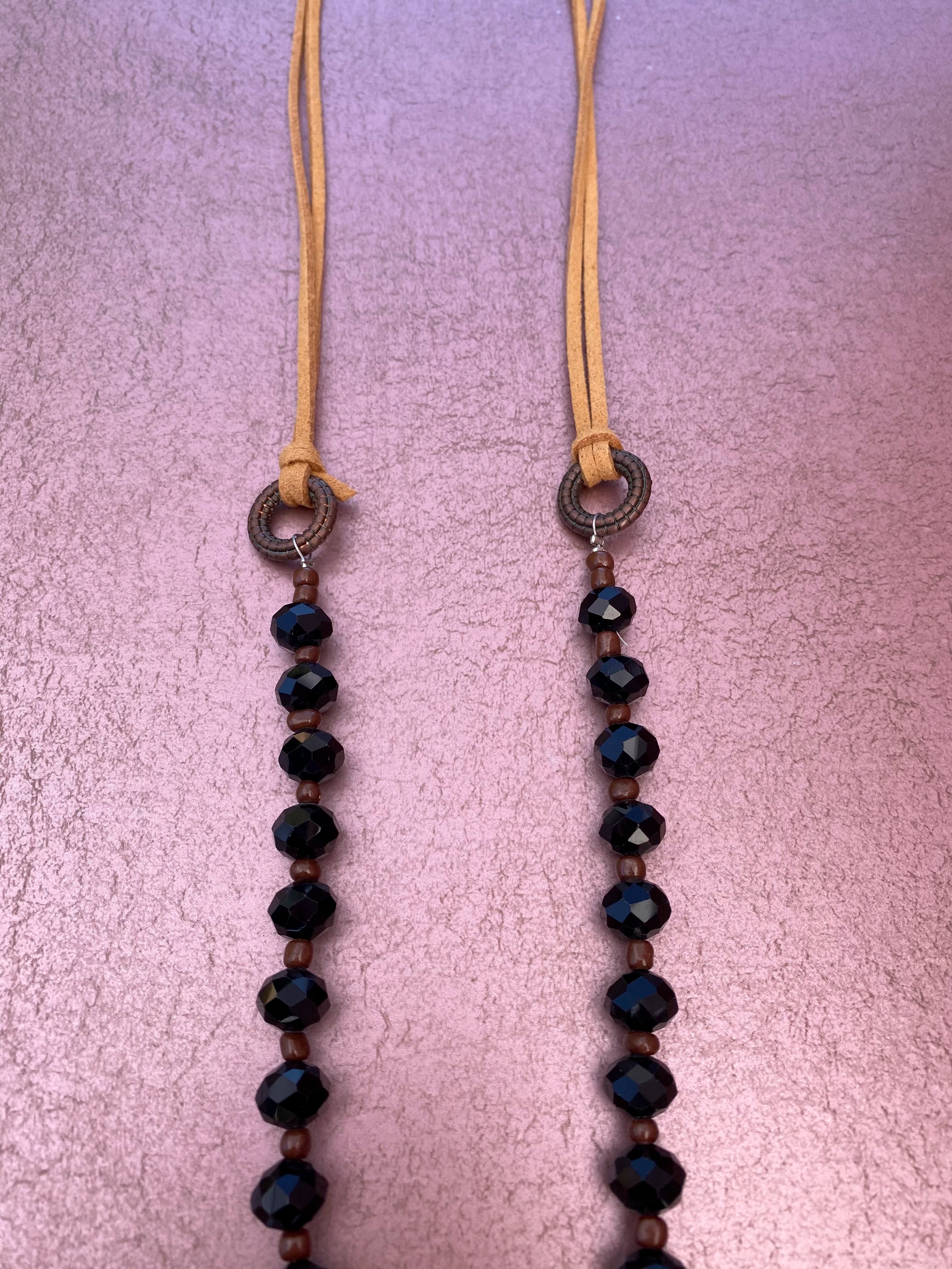Black Beaded Leather Necklace with Leather Tassel
