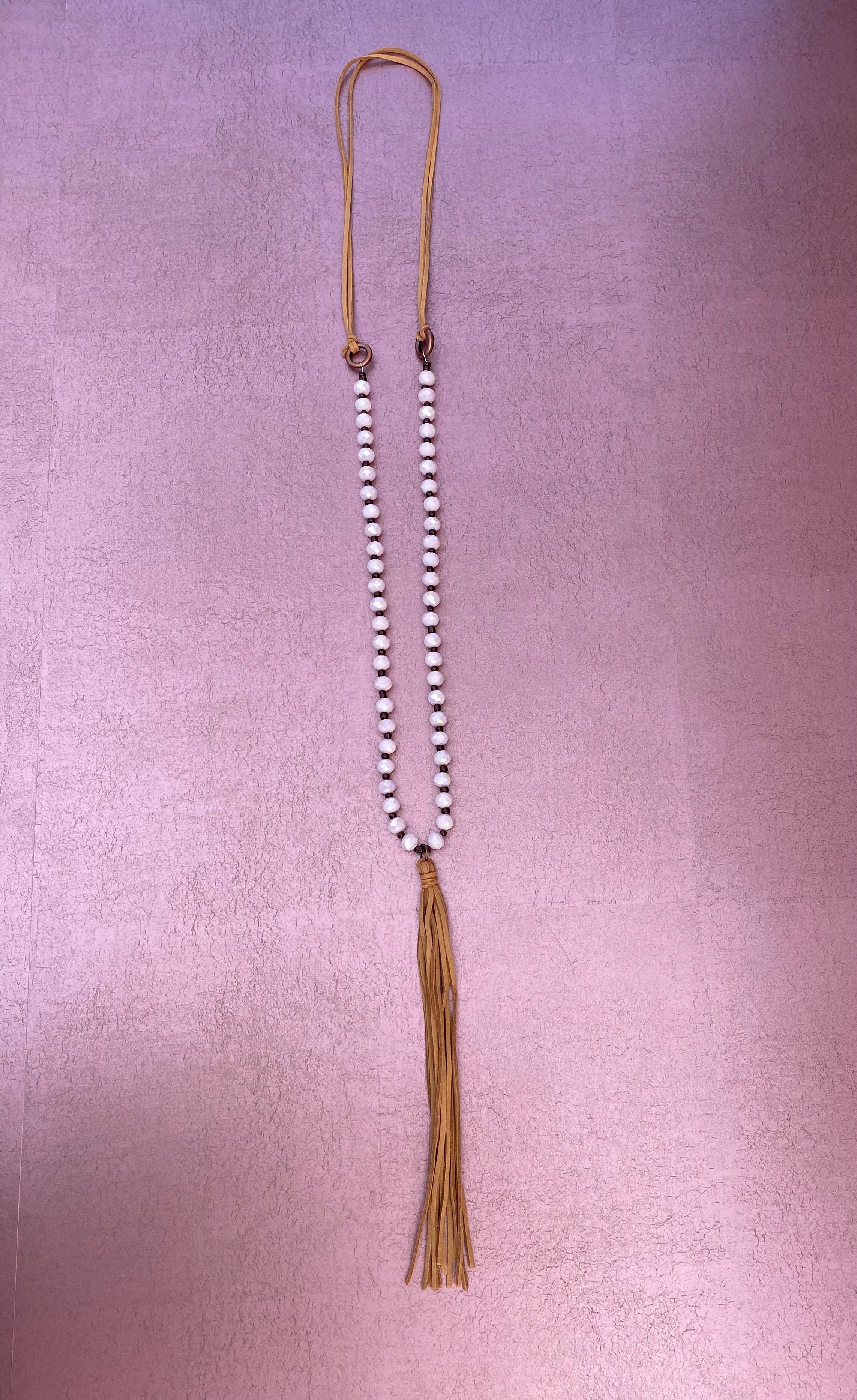 Ivory Beaded Leather Necklace with Leather Tassel
