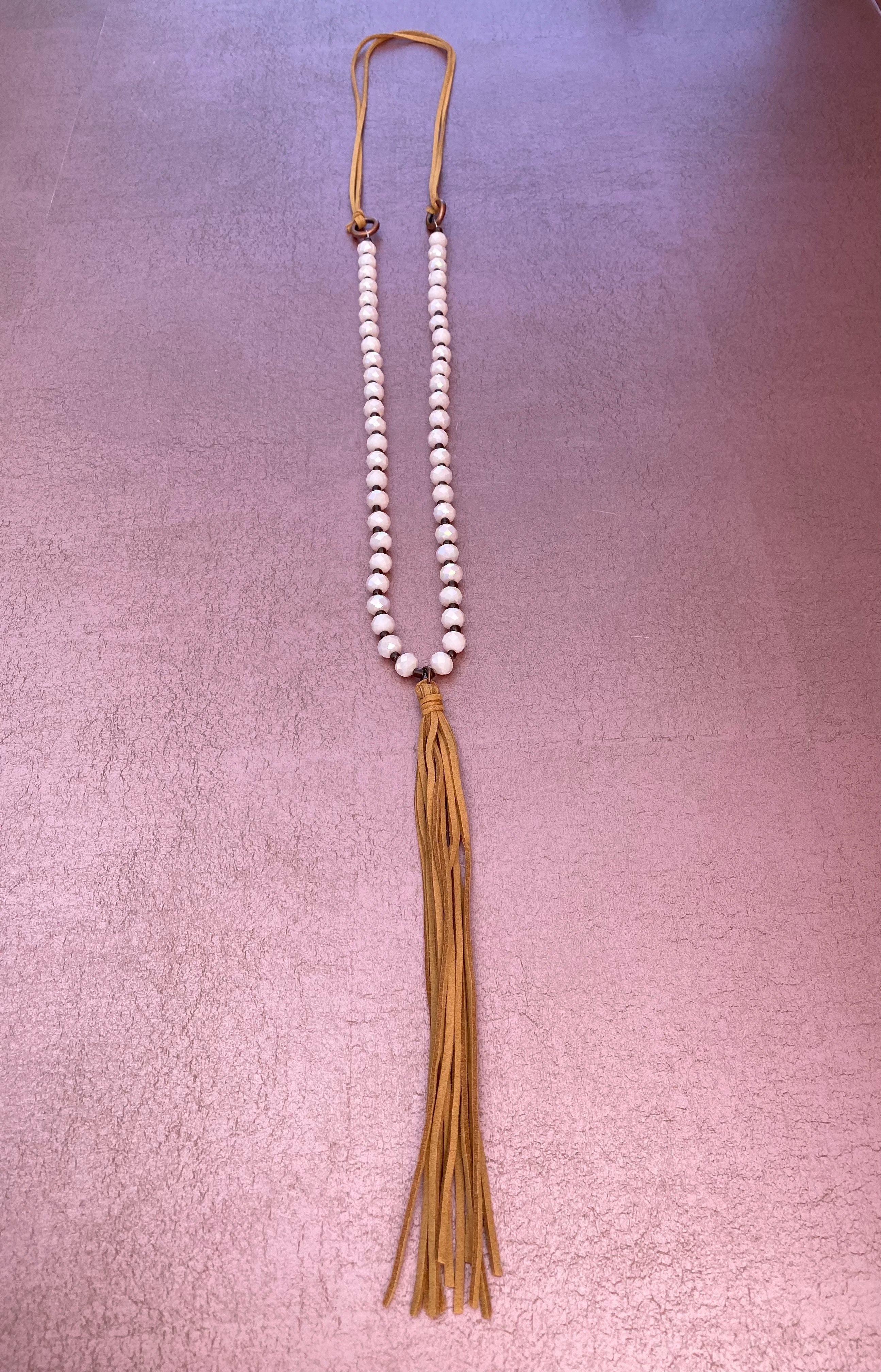 Ivory Beaded Leather Necklace with Leather Tassel