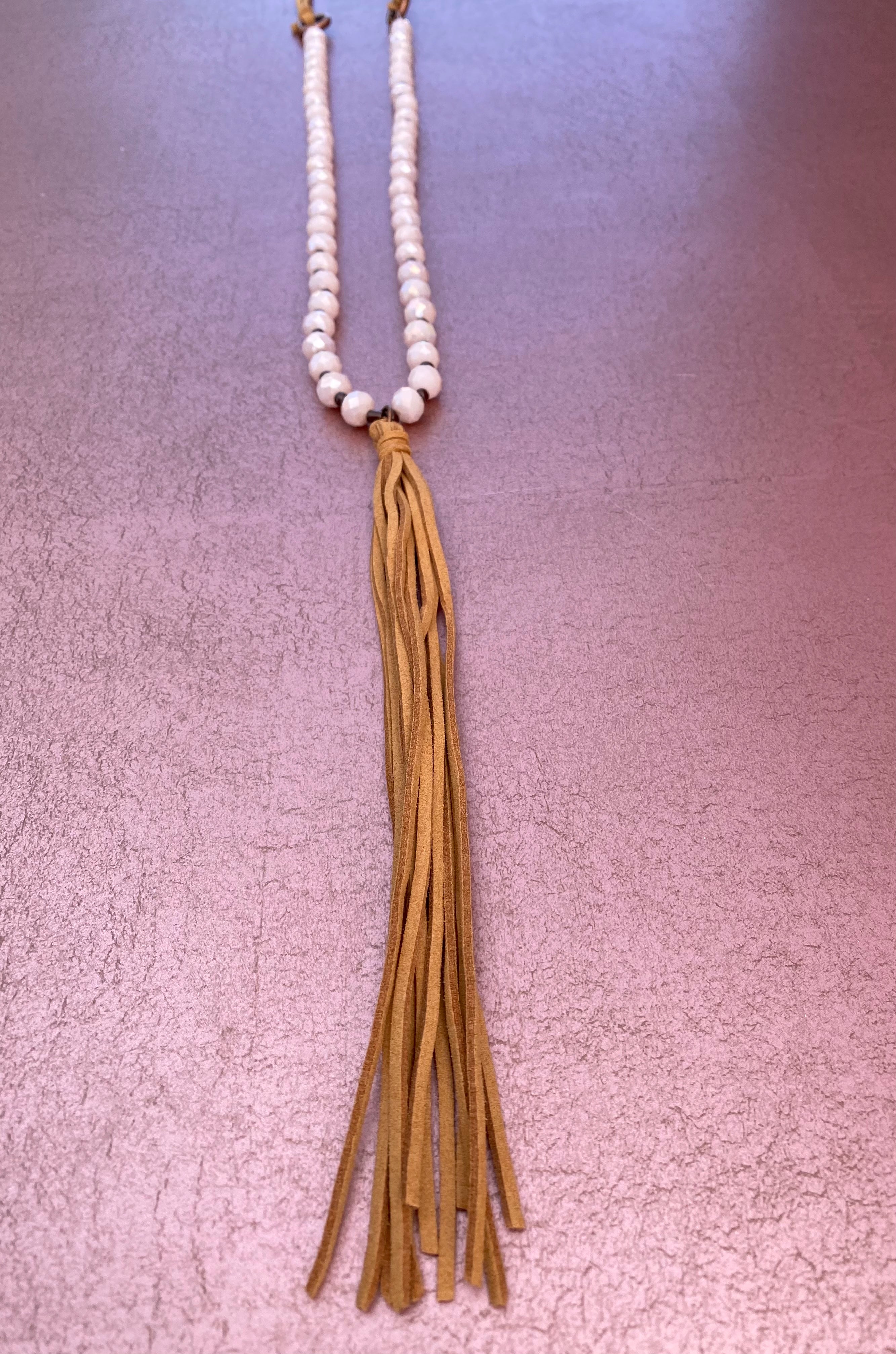 Ivory Beaded Leather Necklace with Leather Tassel