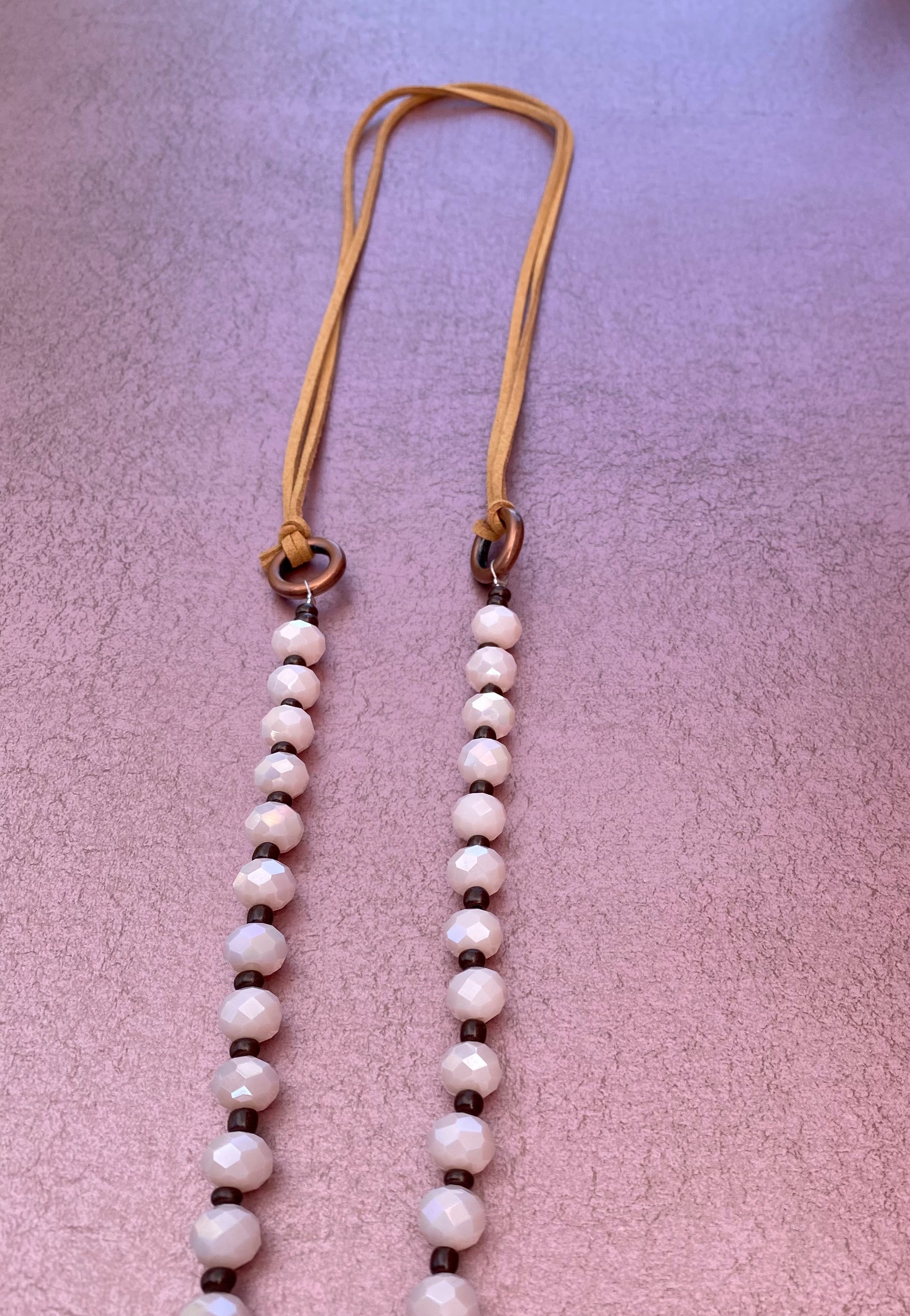 Ivory Beaded Leather Necklace with Leather Tassel