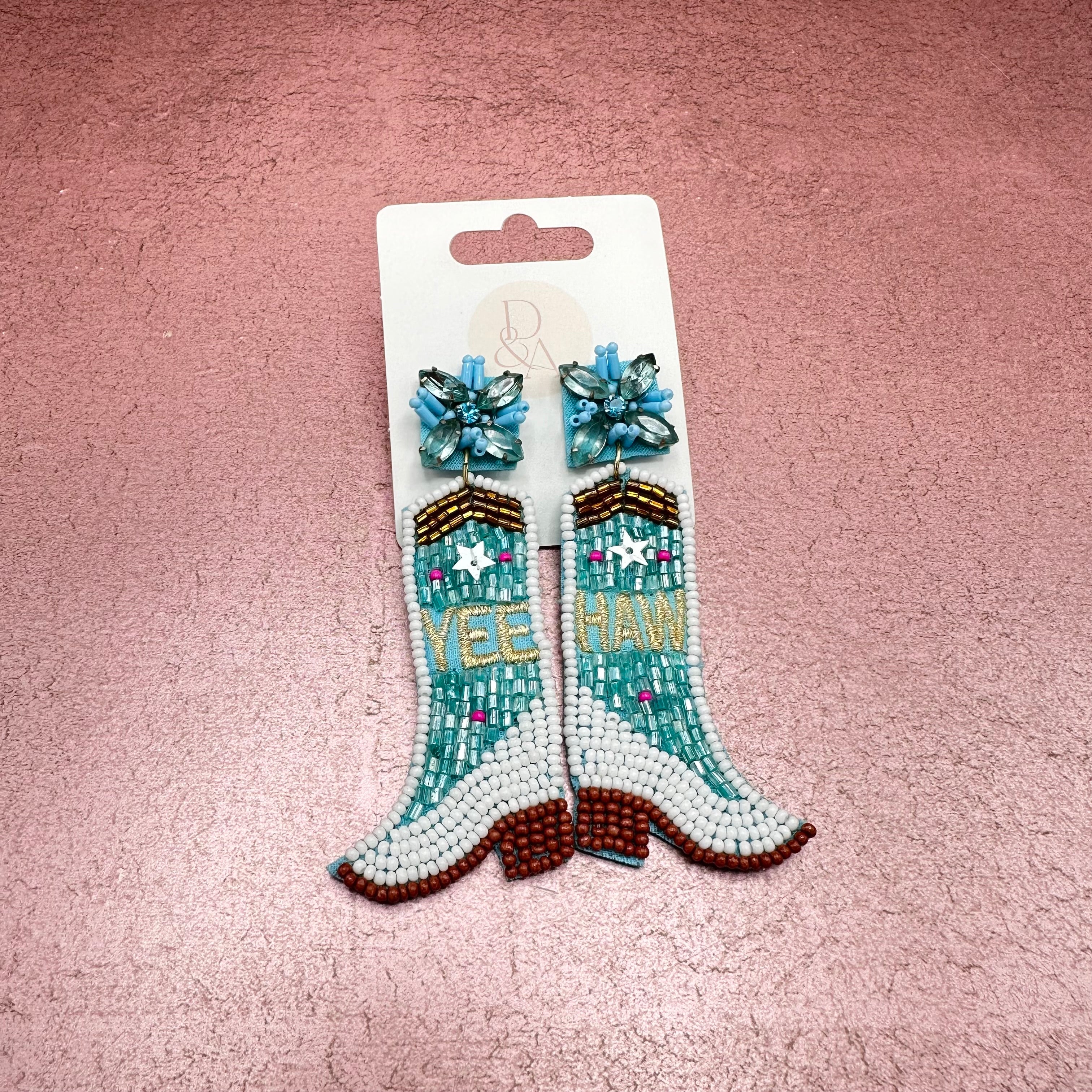 Yee Haw Beaded Boot Earrings Blue