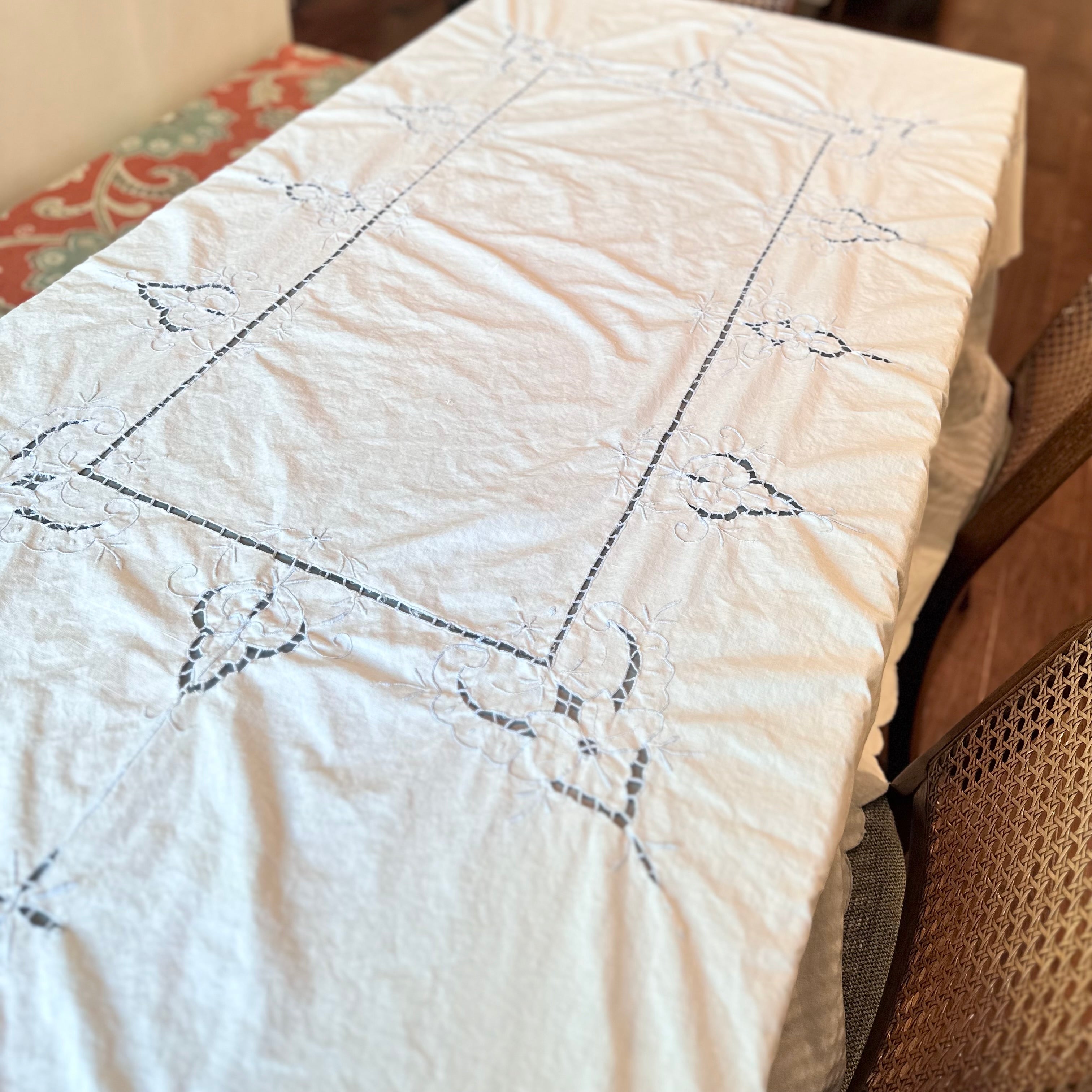 White and Light Blue Vintage Tablecloth