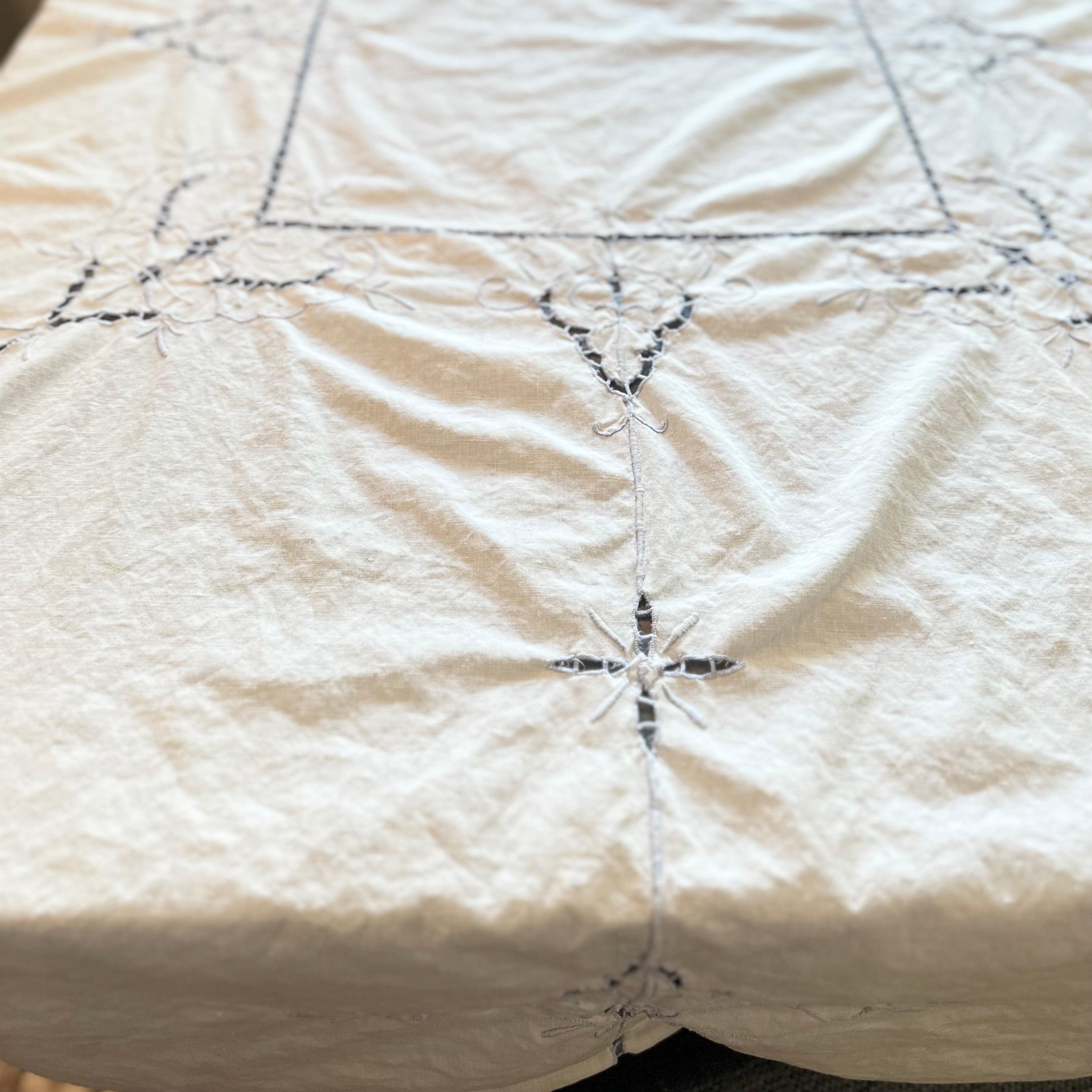 White and Light Blue Vintage Tablecloth