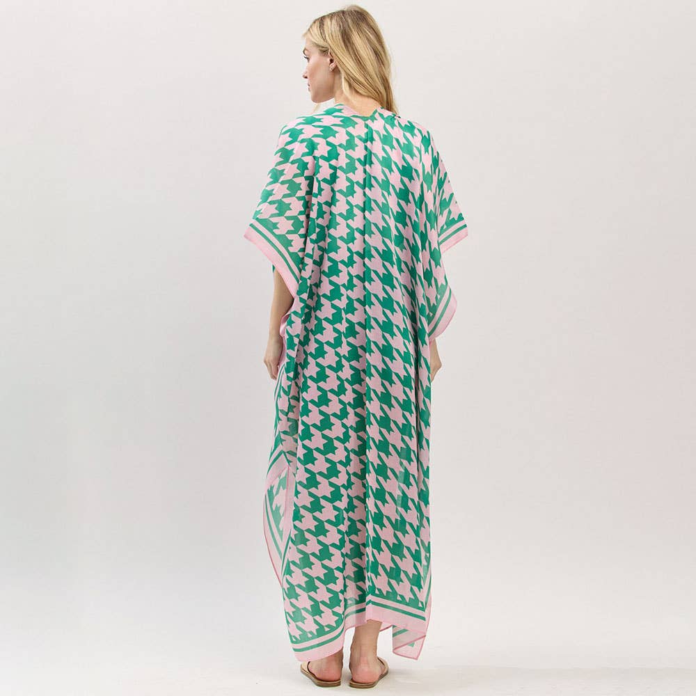 Houndstooth Print Pink & Green Kimono