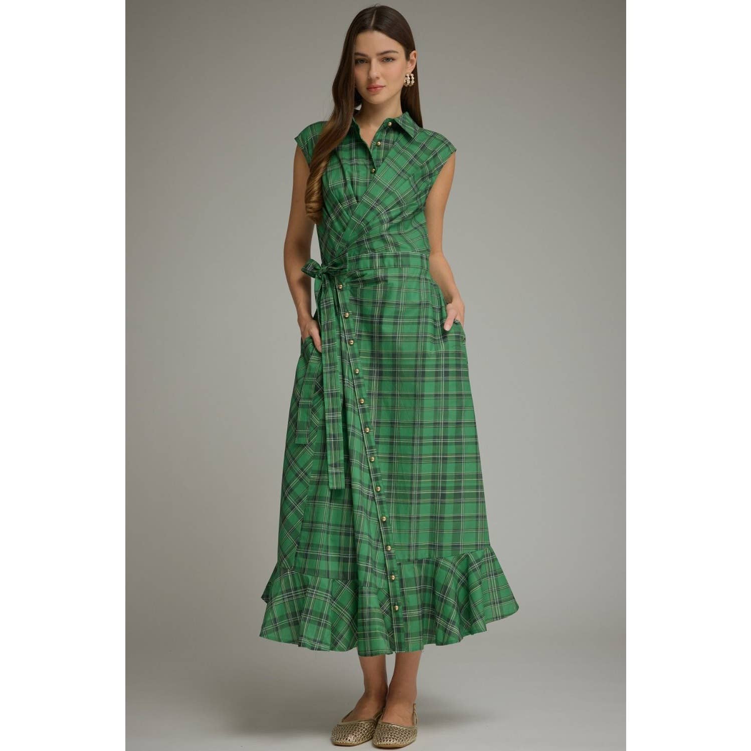 Plaid Cap Sleeve Midi Dress