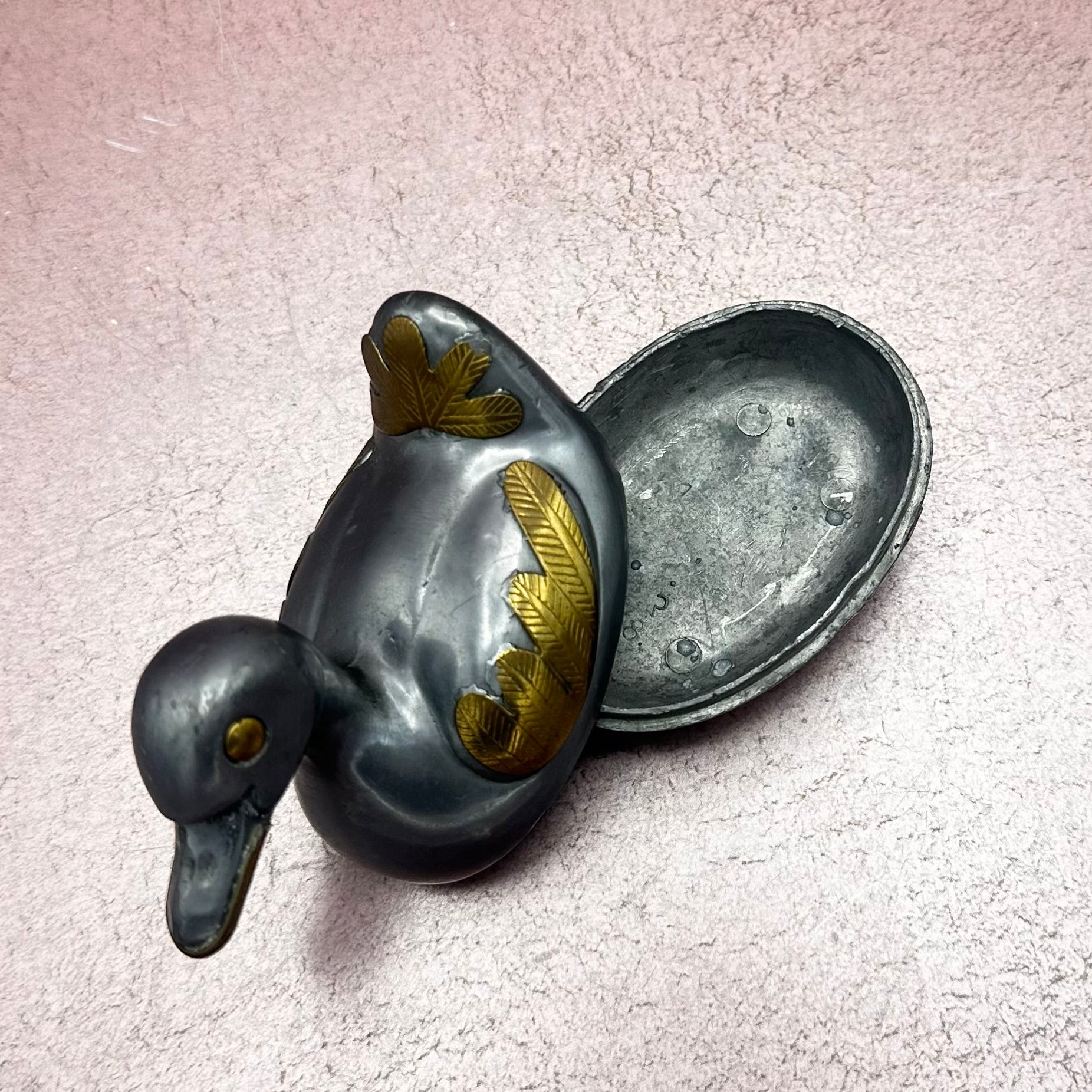 Vintage Pewter Duck Trinket Box w/ Brass Detail