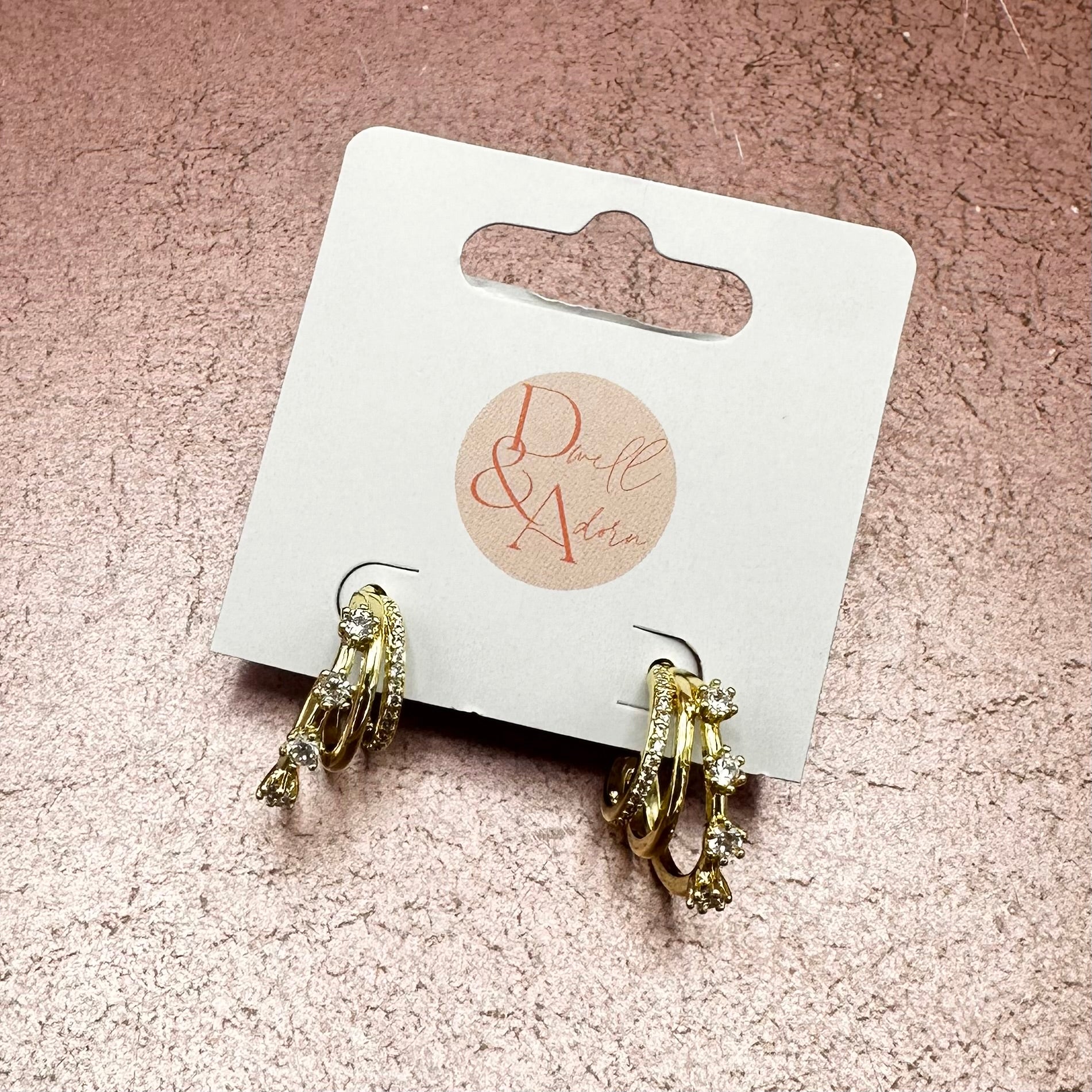 Zirconia Gold Triple Hoop Stud Earrings