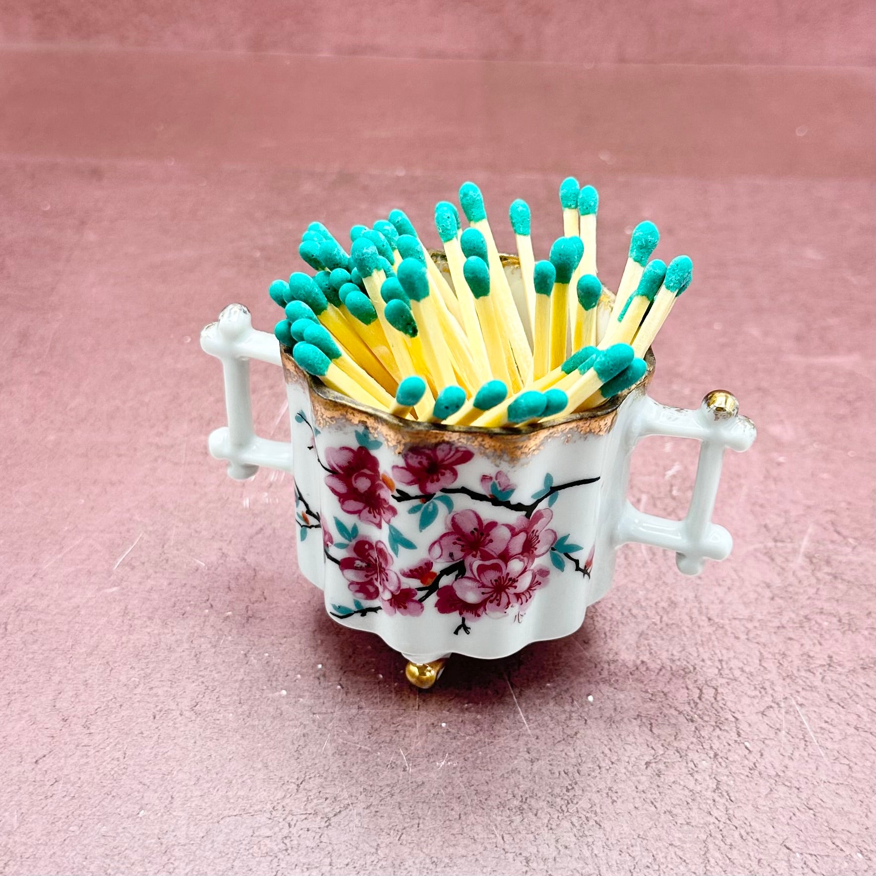 Footed Chinoiserie Floral Sugar Bowl Matchstriker