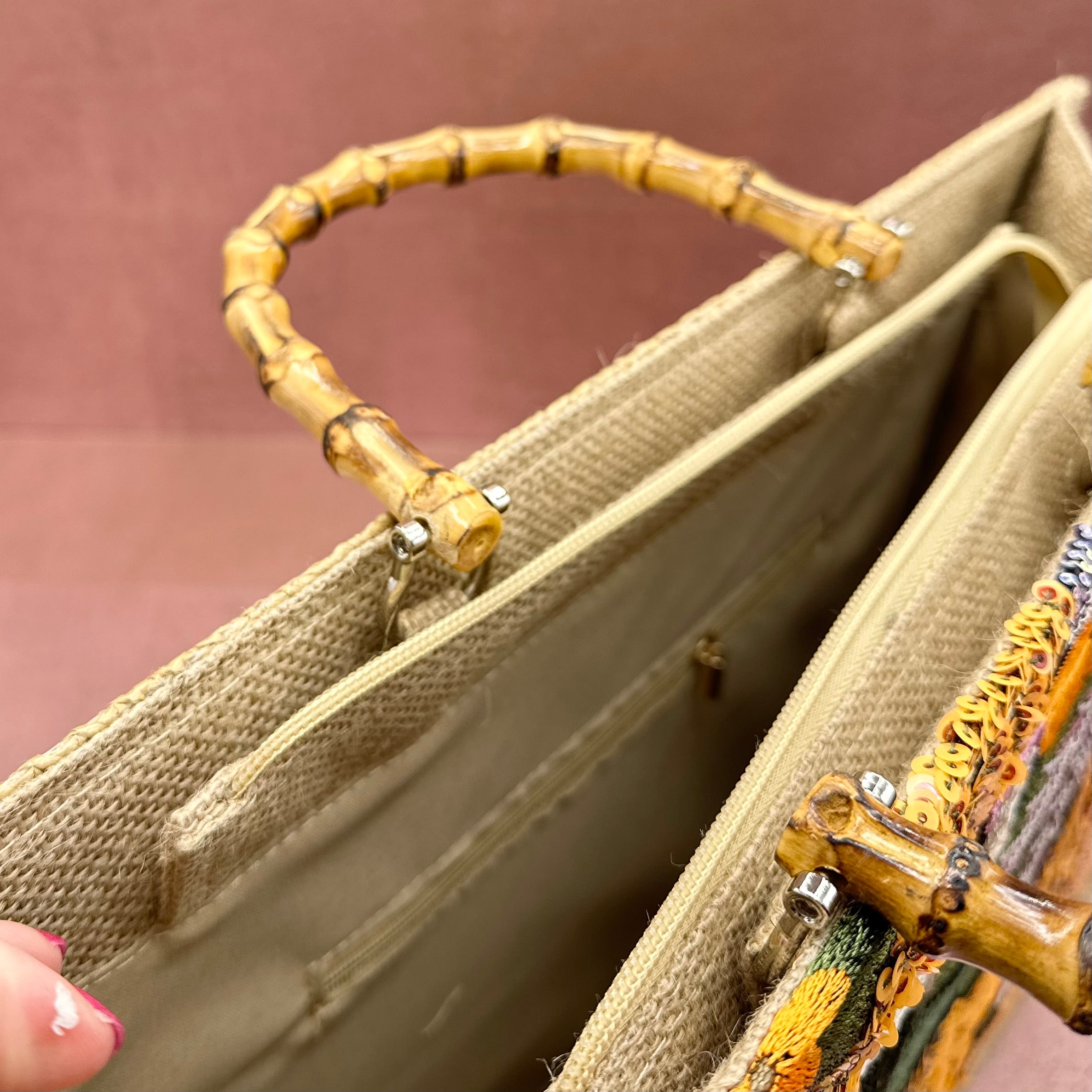 Bamboo Handle Embroidered & Sequin Tote