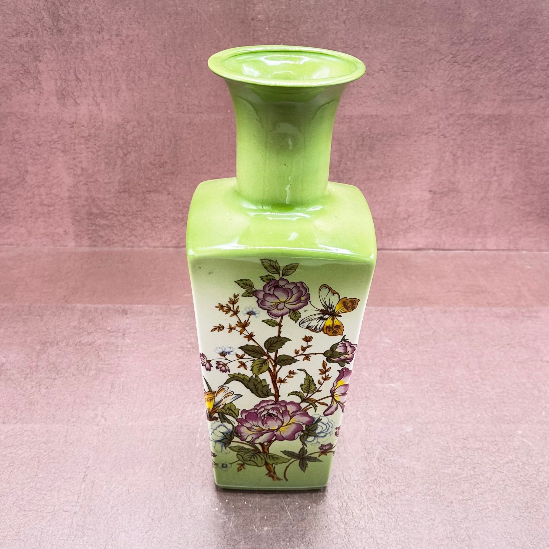Vintage Green Floral w/ Butterflies Vase