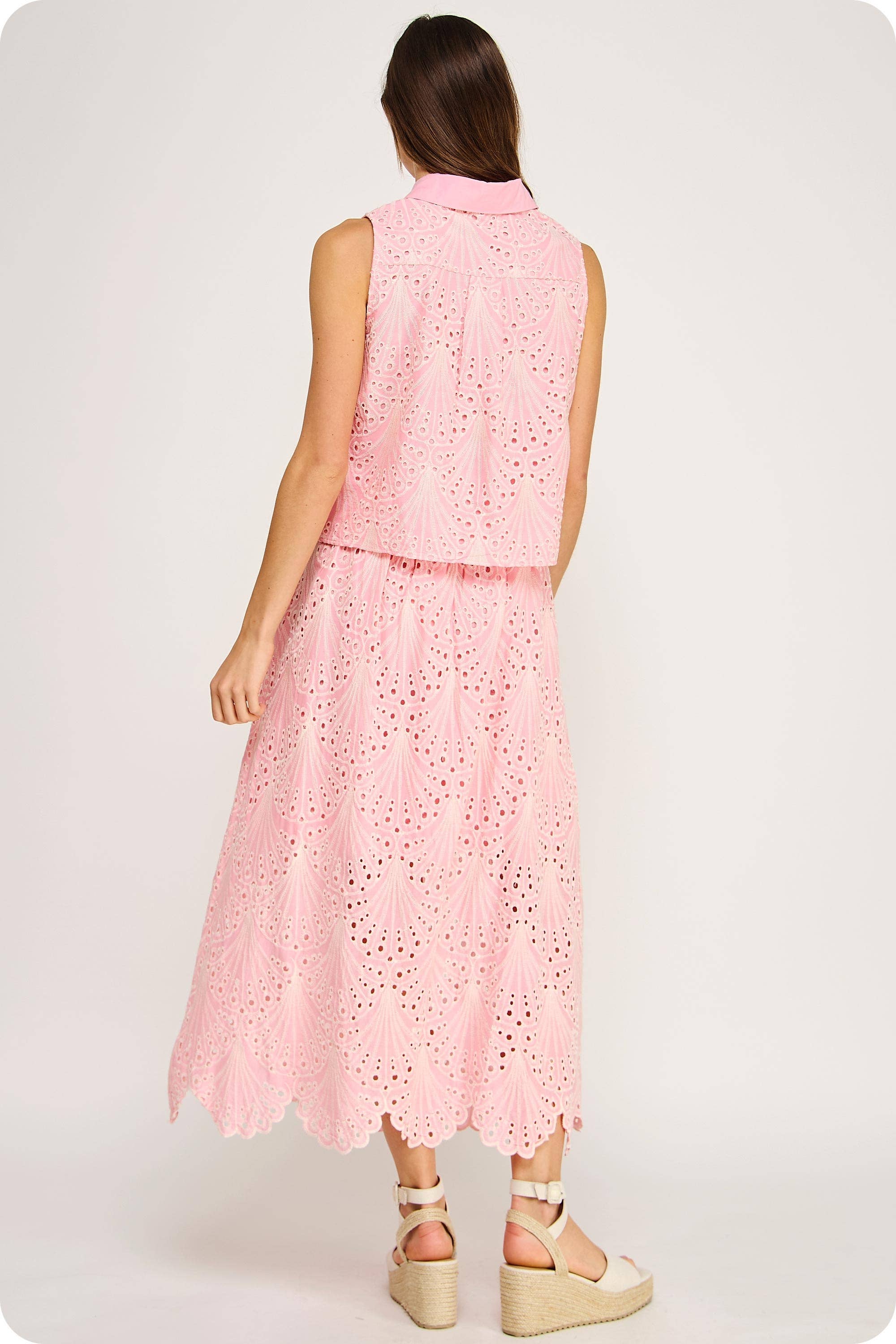Eyelet Embroidered Pink Shirt and Midi Skirt Set