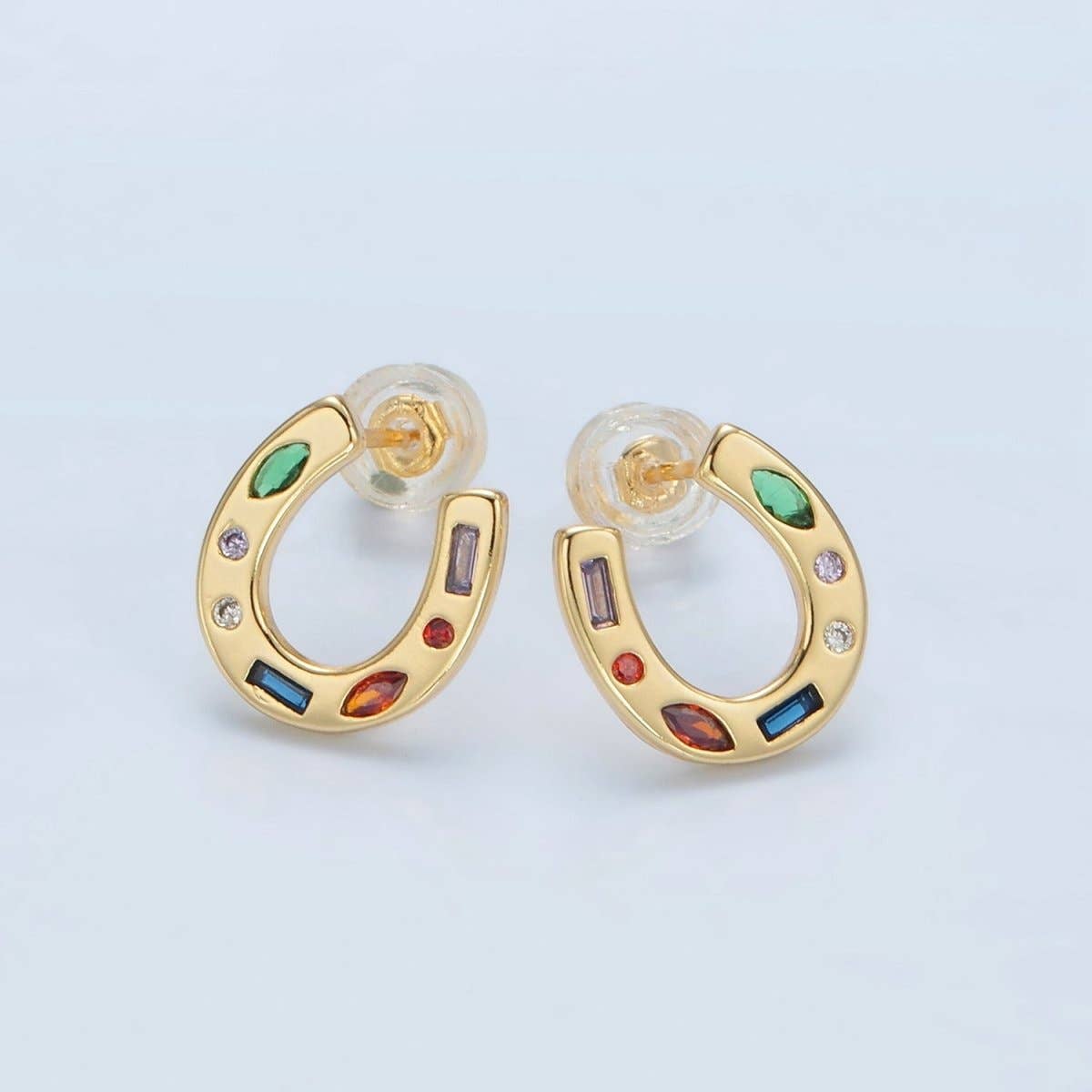 Multicolor CZ Horseshoe Stud Earrings