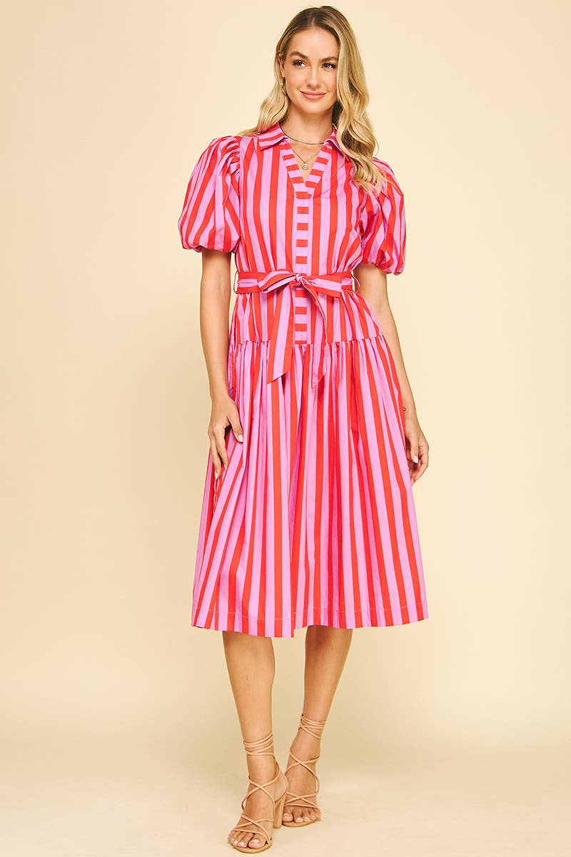 Striped Pink & Red Balloon Sleeve Midi Dress