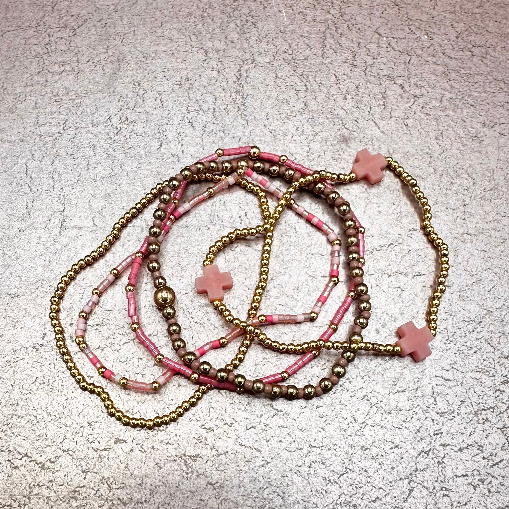 Gold & Color Beaded Bracelet Stack w/ Cross