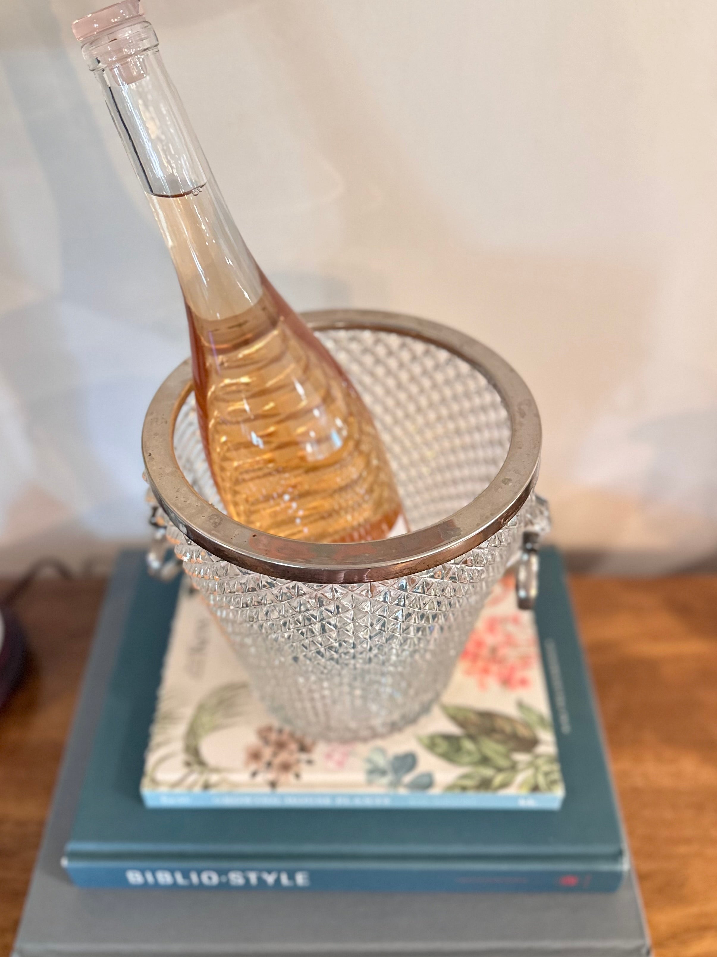 Cut Glass Ice Bucket w/ Silver Handles
