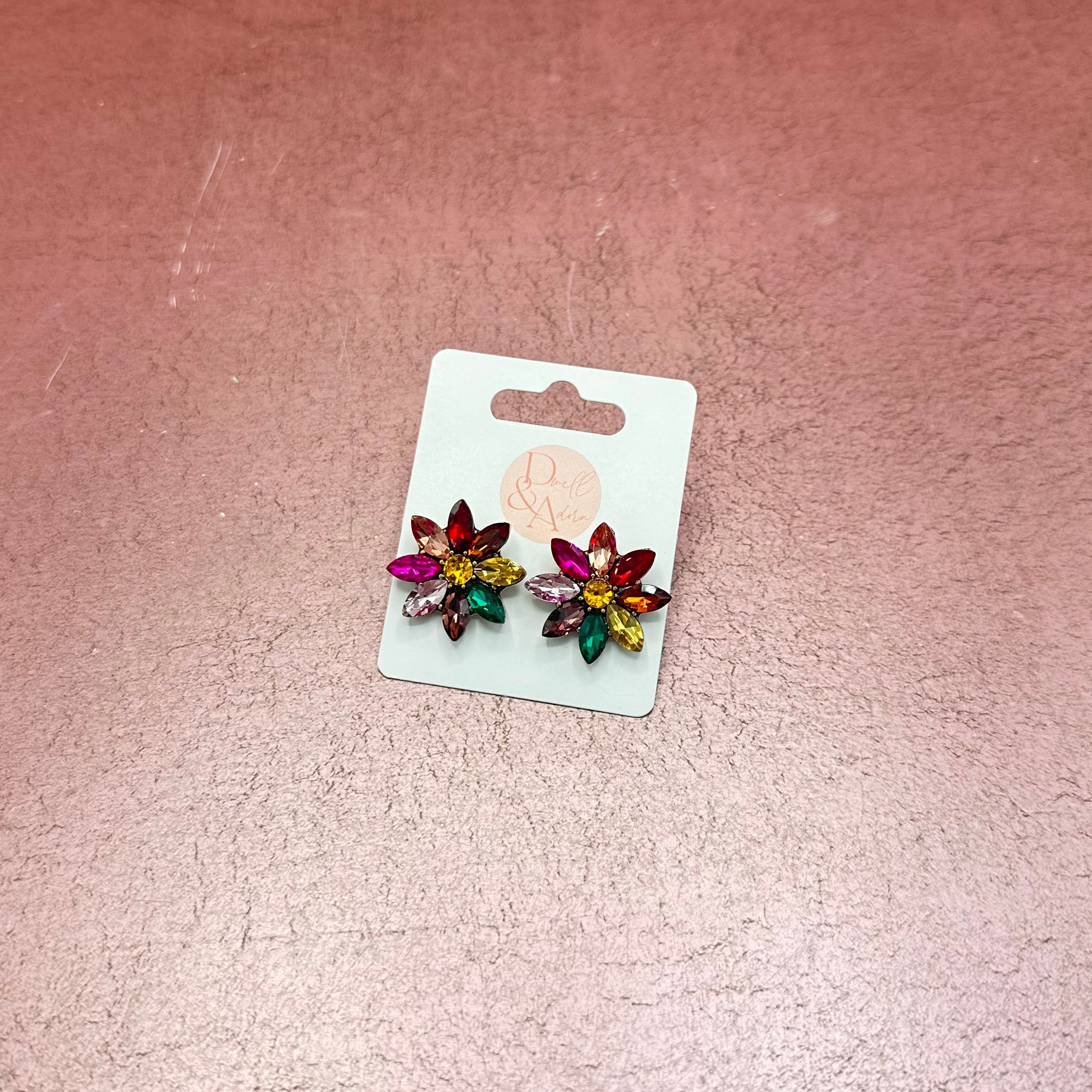 Rainbow Rhinestone Flower Earring