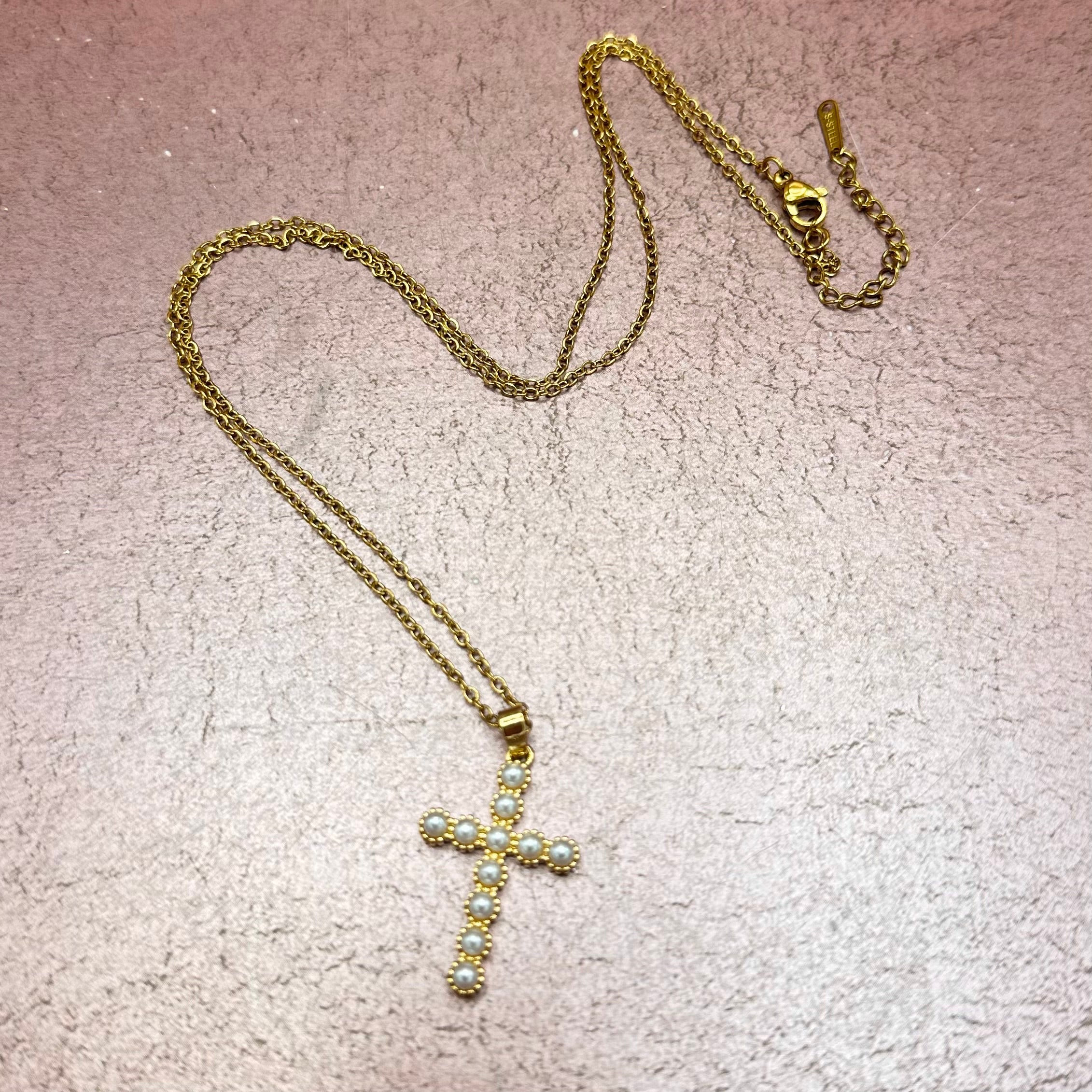 Faux Pearl & Gold Cross Necklace