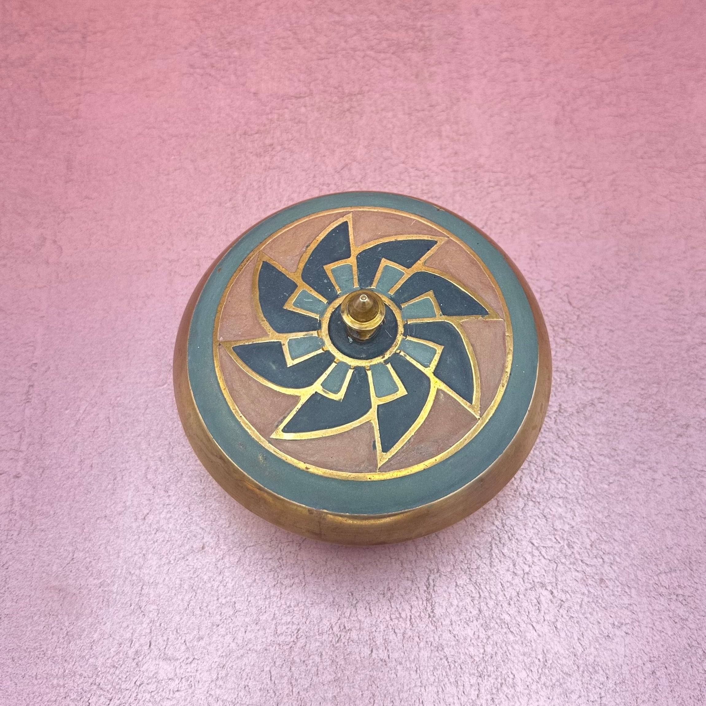 Cloisonne Style Brass Lidded Bowl w/ Fan Pattern